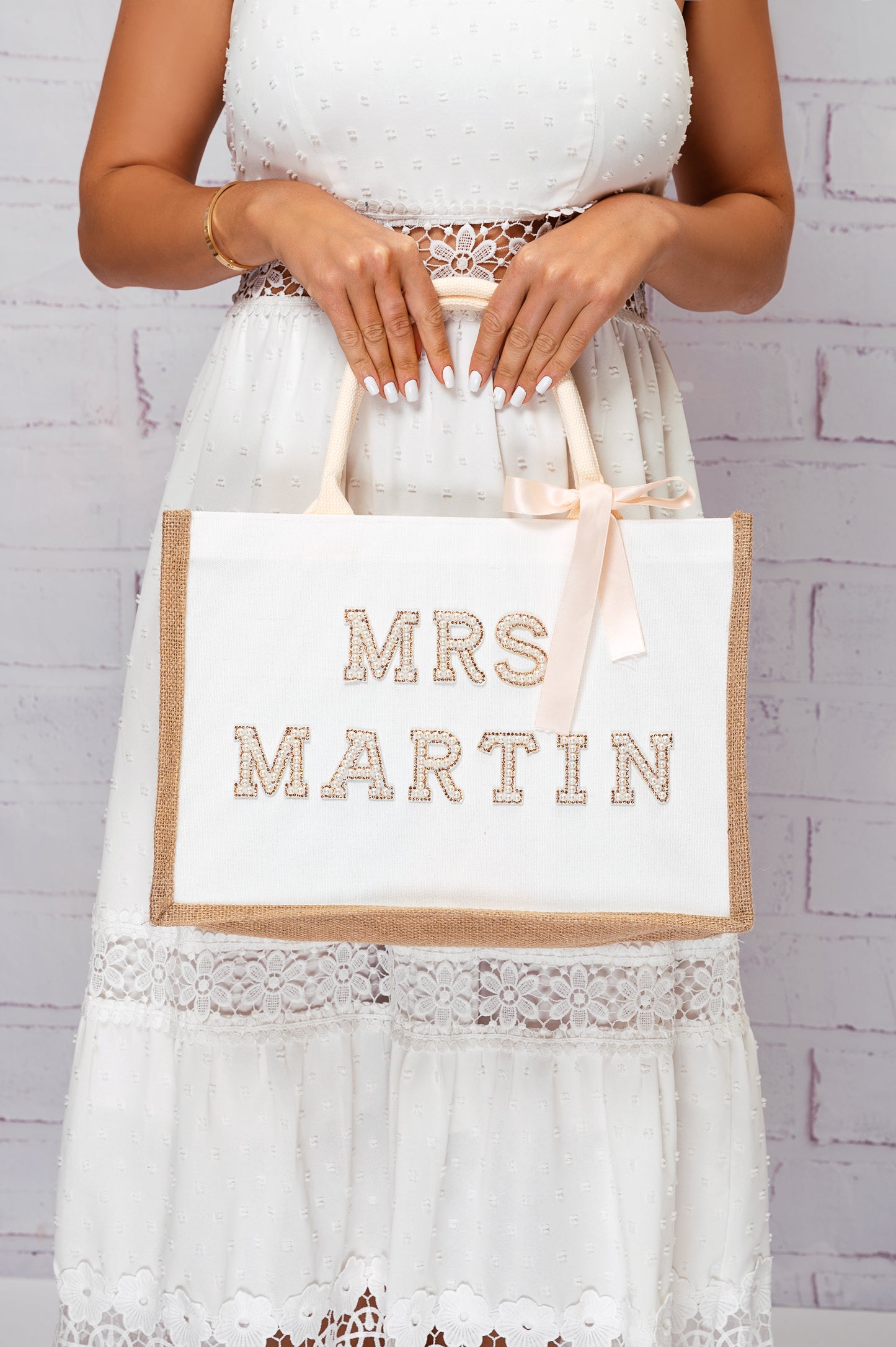 Custom Mrs Bride White Tote Bag with Pearls Patches