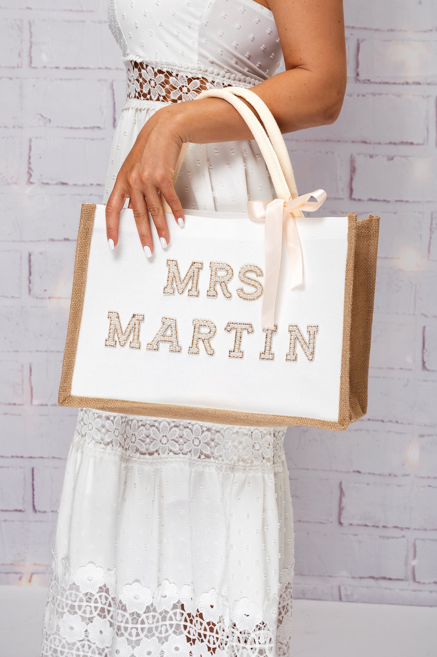 Custom Mrs Bride White Tote Bag with Pearls Patches