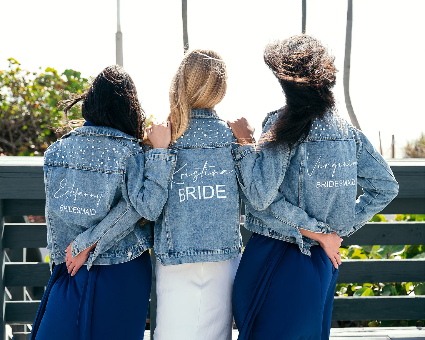 Custom Denim Jackets with Pearls for Bride and Bridesmaids - alfresco / bold