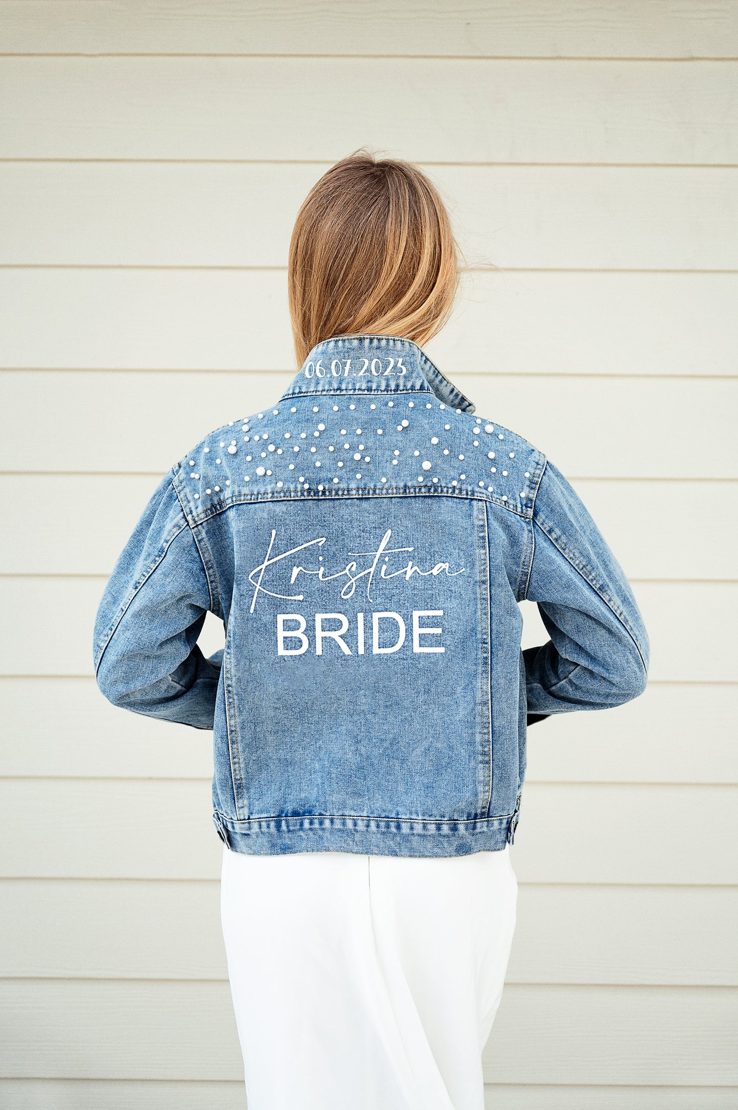 Custom Denim Jackets with Pearls for Bride and Bridesmaids - alfresco / bold