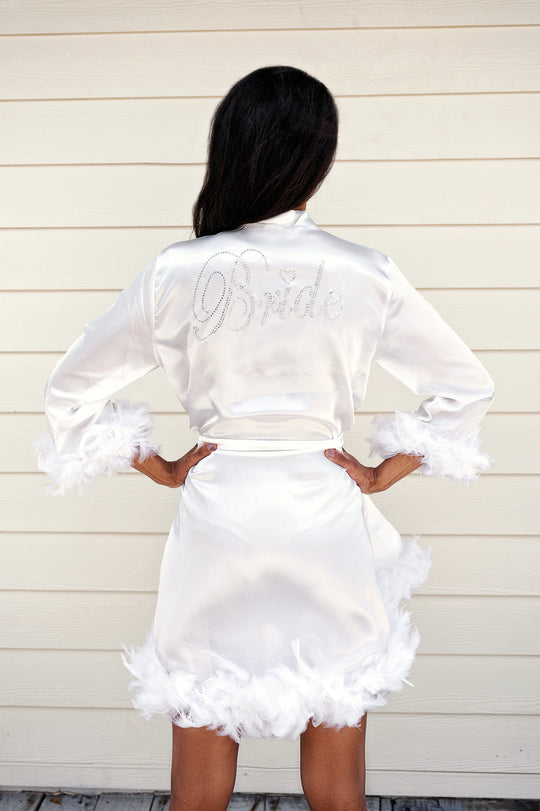 Bridal Robes with Feather, Bride to be Wedding robe - Rhinestone Bride on the Back