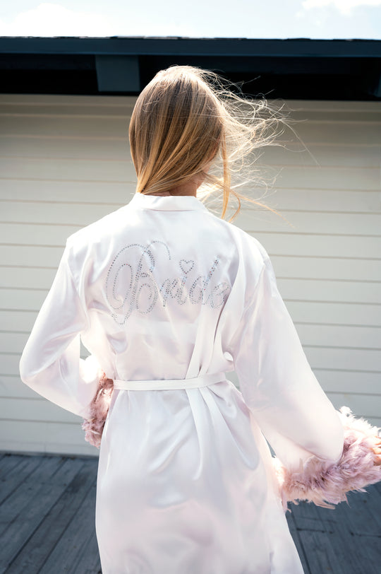 Bridal Robes with Feather, Bride to be Wedding robe - Rhinestone Bride on the Back