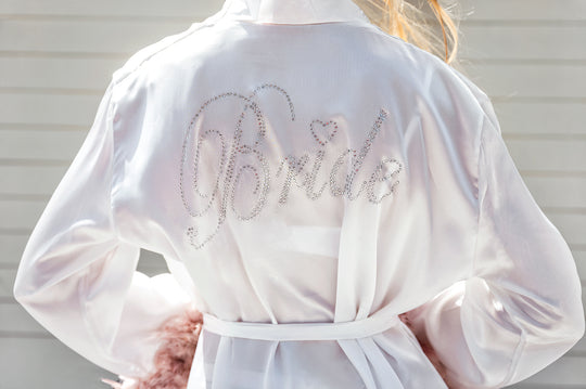 Bridal Robes with Feather, Bride to be Wedding robe - Rhinestone Bride on the Back