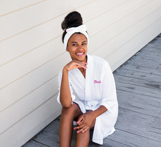 Pink Dolly White Set (Waffled Robe+Fluffy Slippers+Headband+Make up Bag)