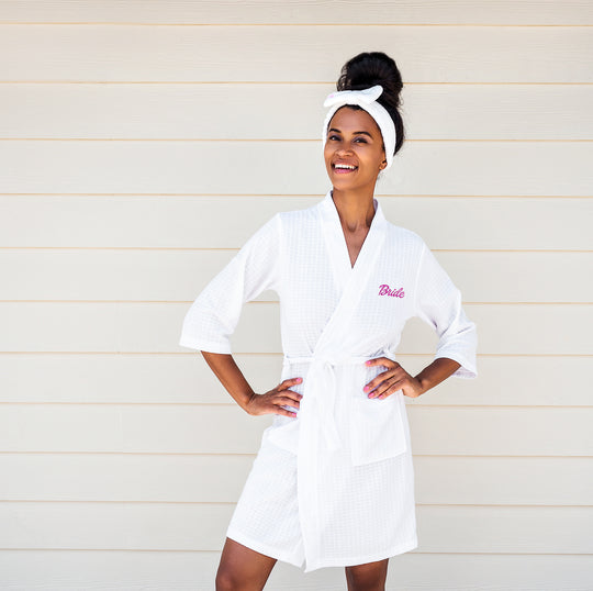 Pink Dolly White Set (Waffled Robe+Fluffy Slippers+Headband+Make up Bag)