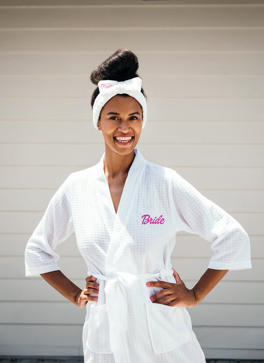 Pink Dolly White Set (Waffled Robe+Fluffy Slippers+Headband+Make up Bag)