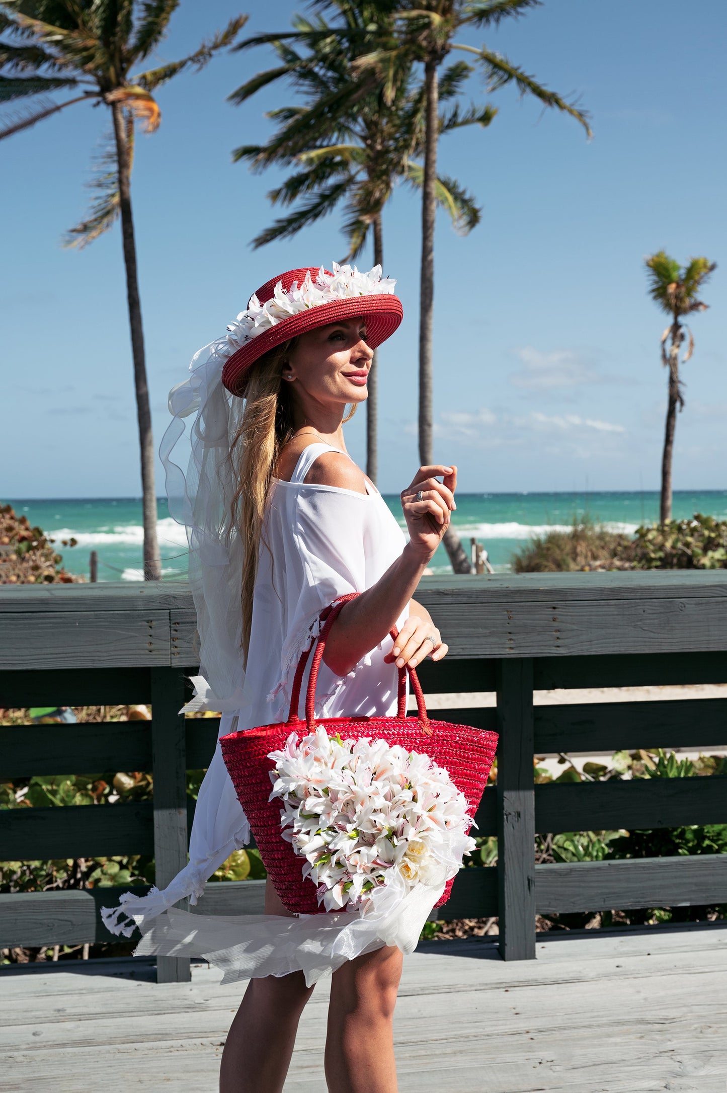Bridal Straw Bag and Matching Hat with Flowers
