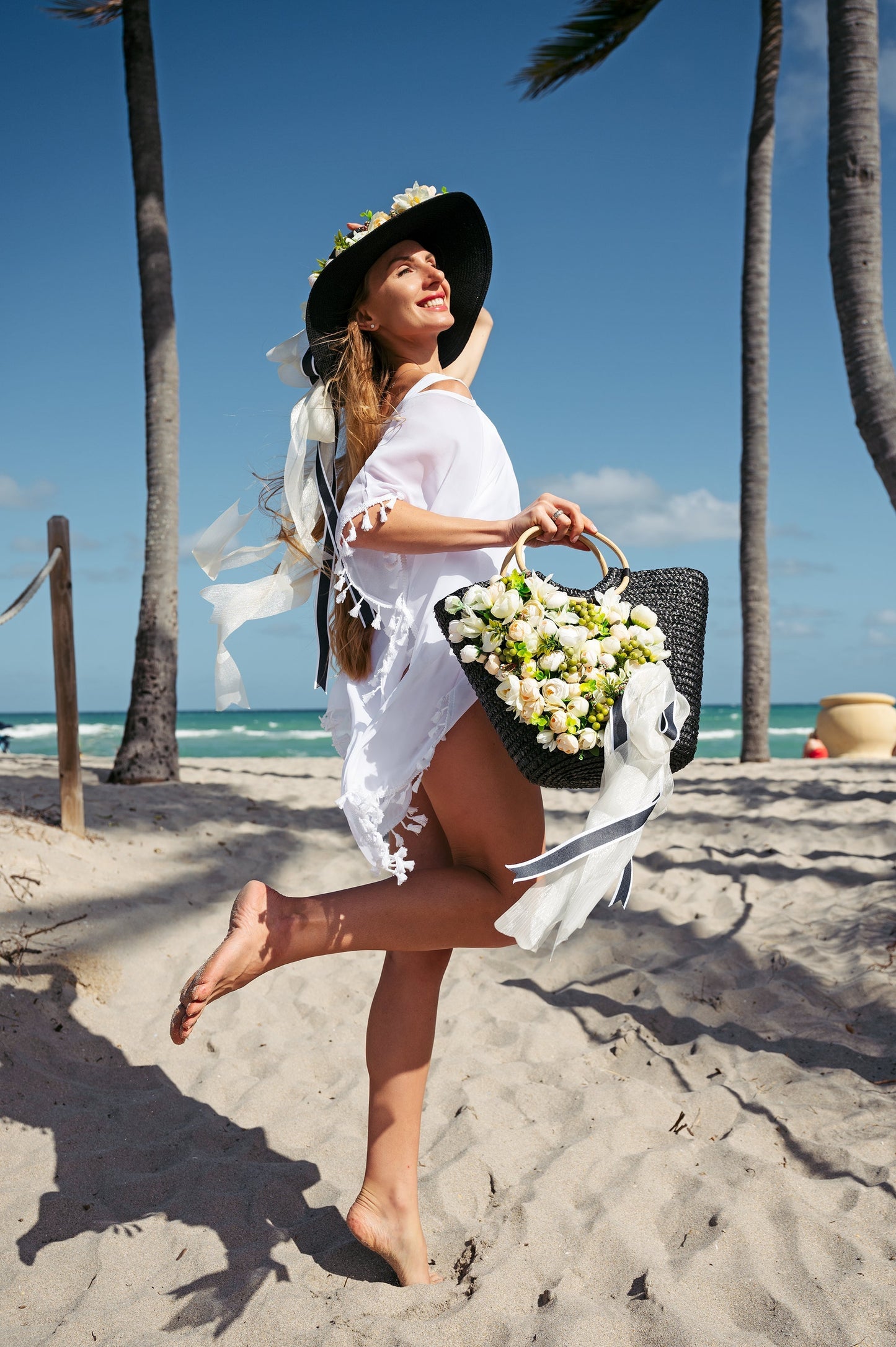 Floral Set Straw Bag and Hat for Bride Style 1