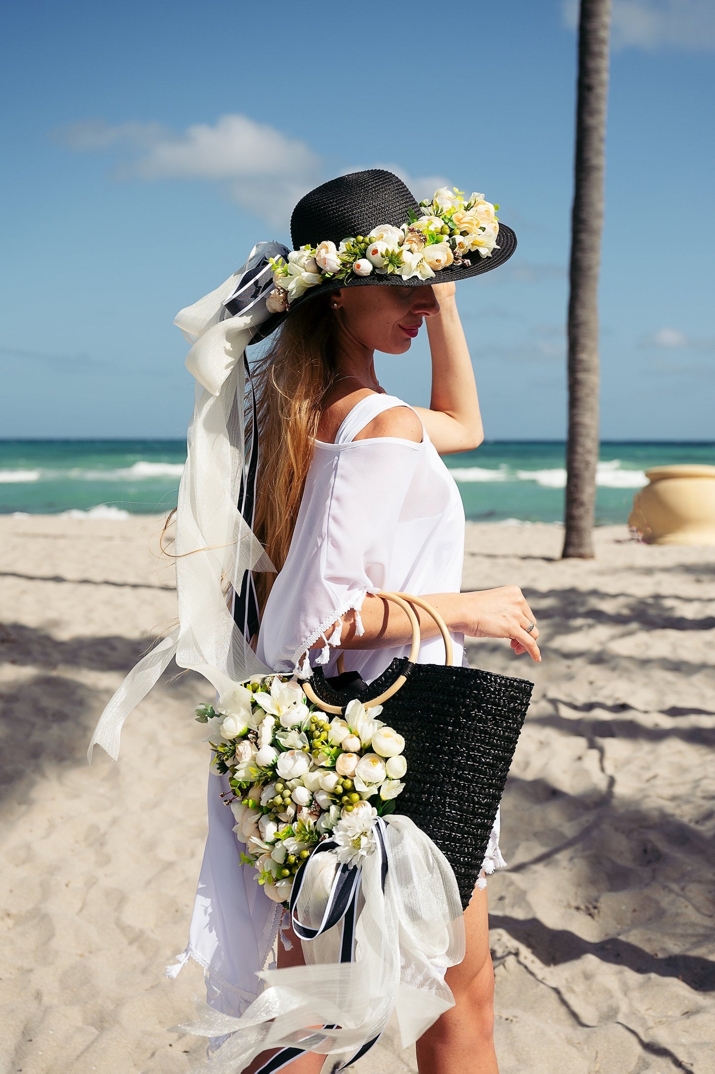 Floral Set Straw Bag and Hat for Bride Style 1