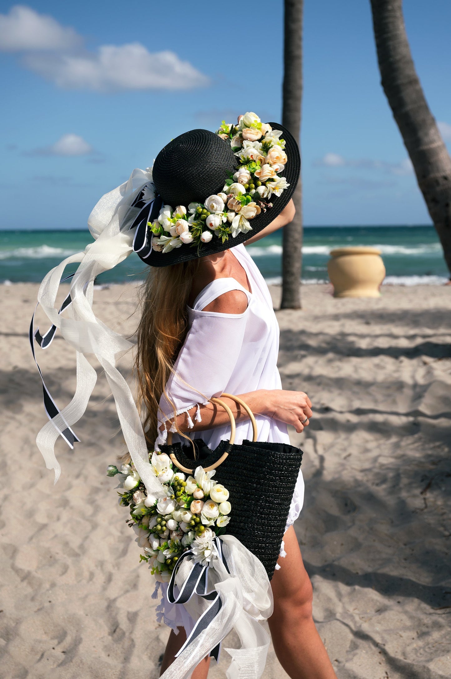 Floral Set Straw Bag and Hat for Bride Style 1