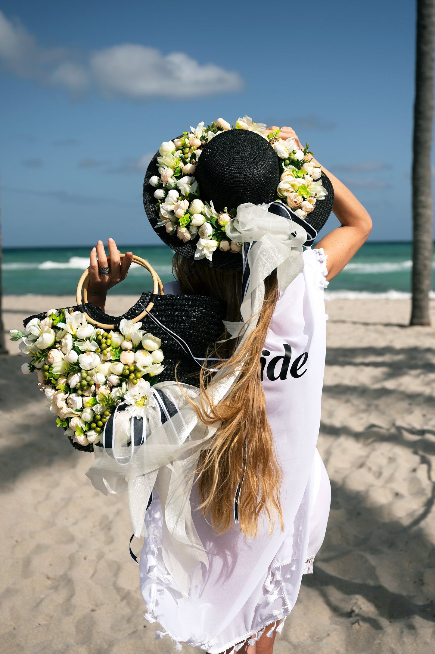 Floral Set Straw Bag and Hat for Bride Style 1
