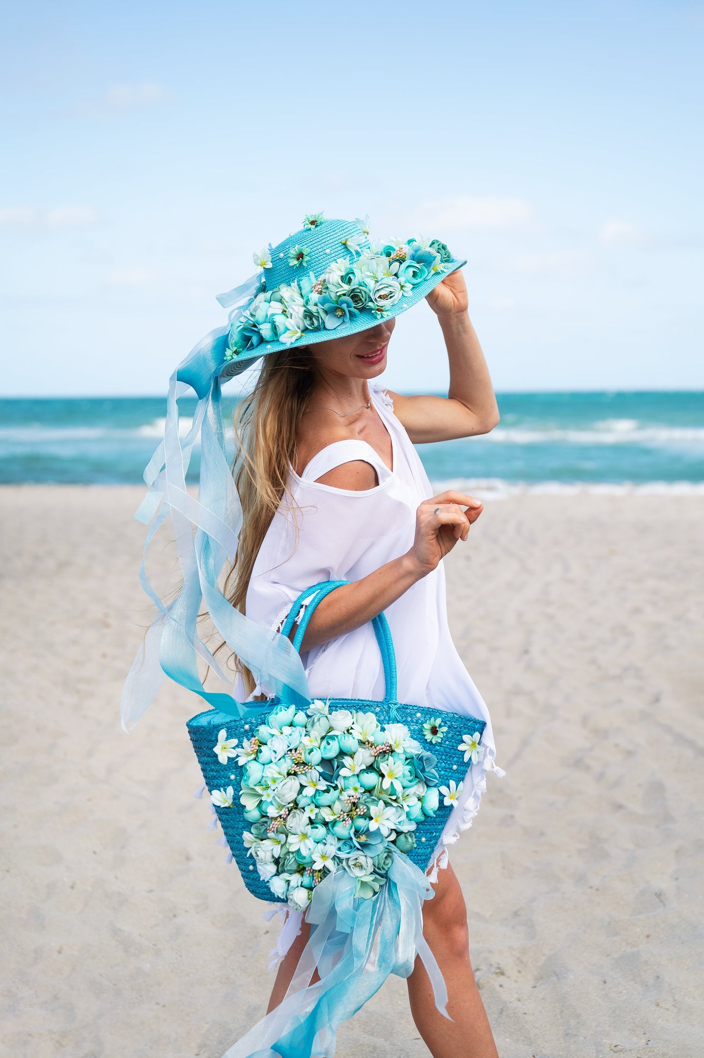 Bridal Straw Bag and Matching Hat with Flowers