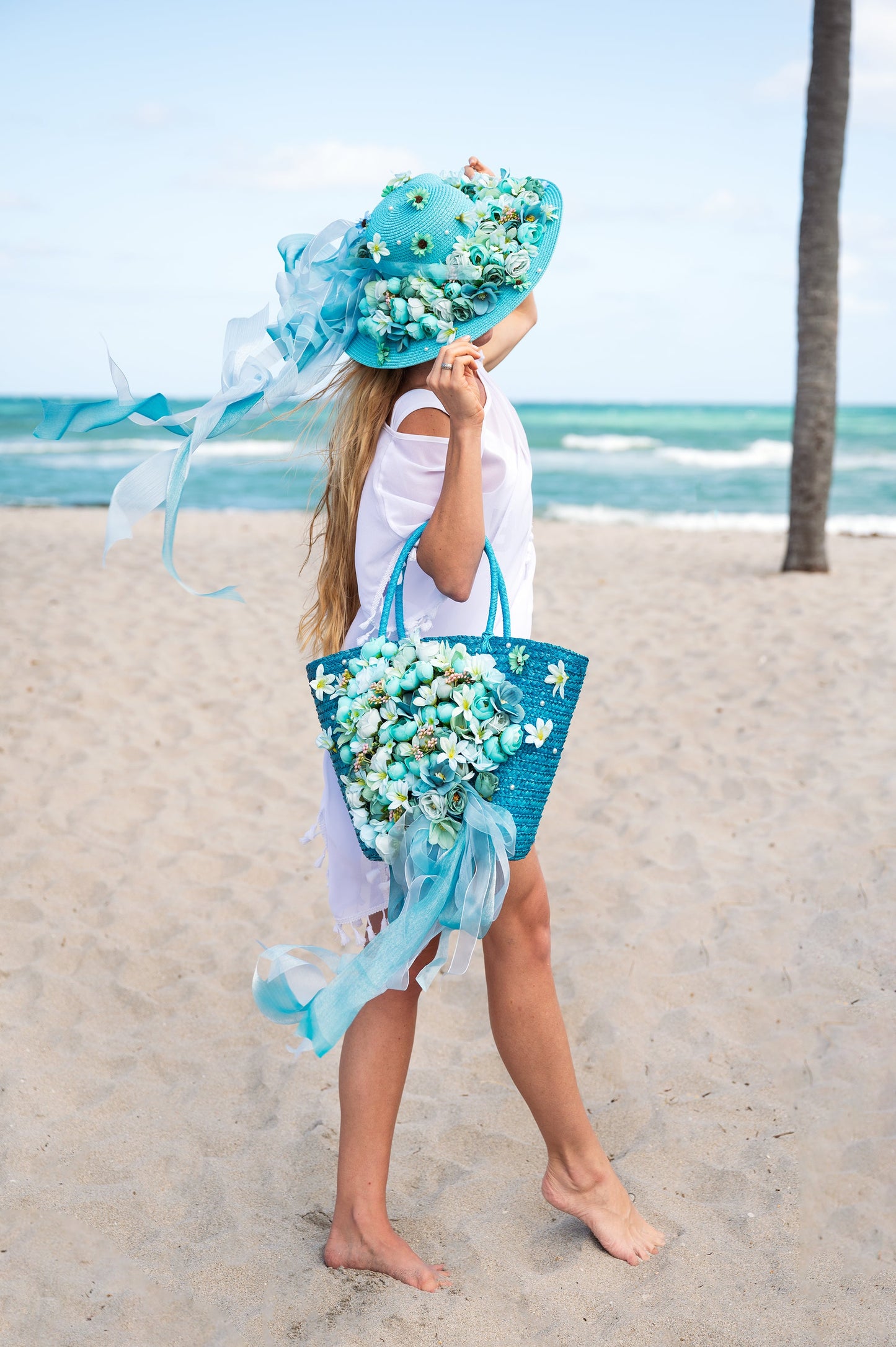 Bridal Straw Bag and Matching Hat with Flowers