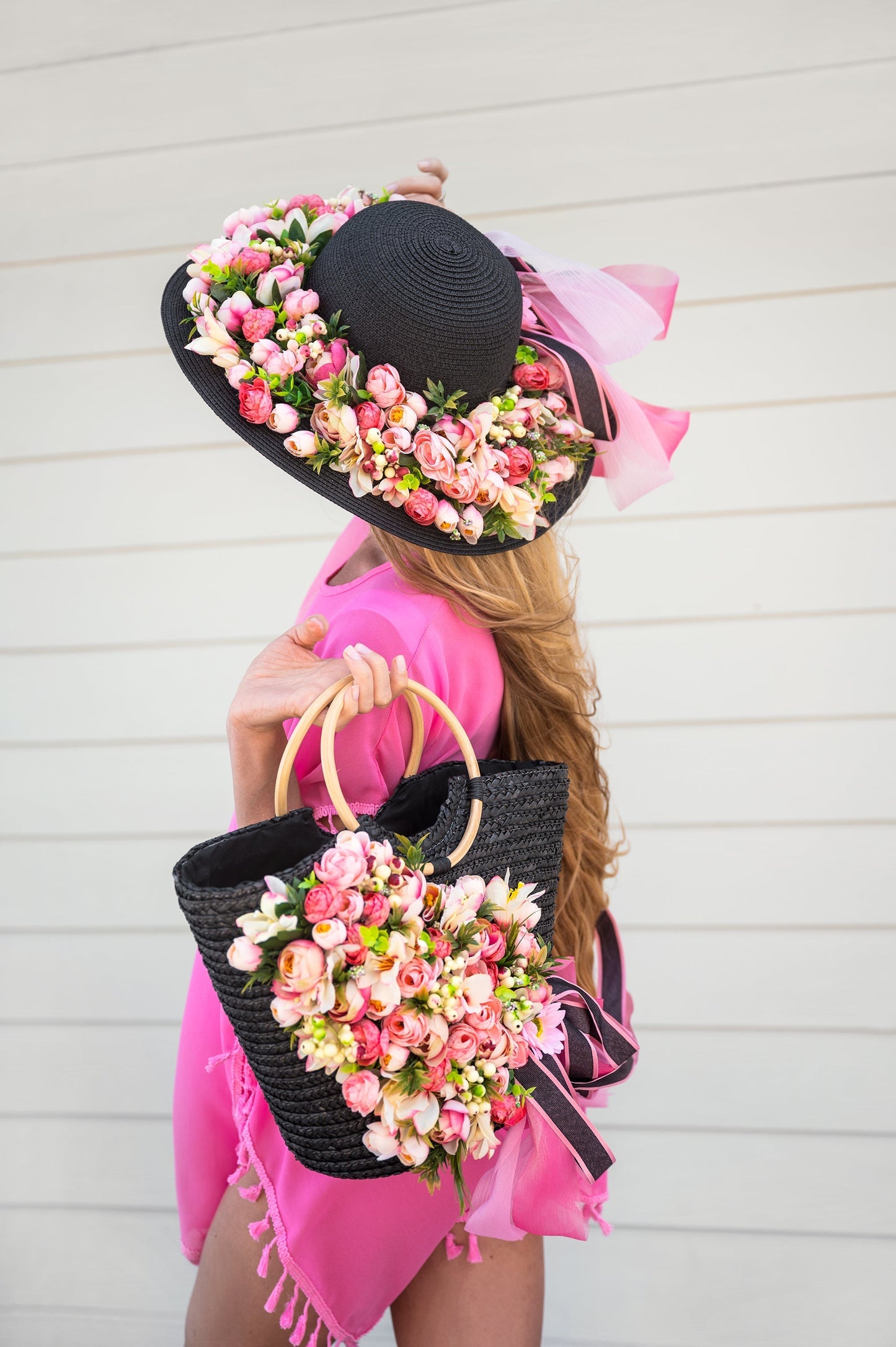 Floral Set Straw Bag and Hat for Bride Style 1
