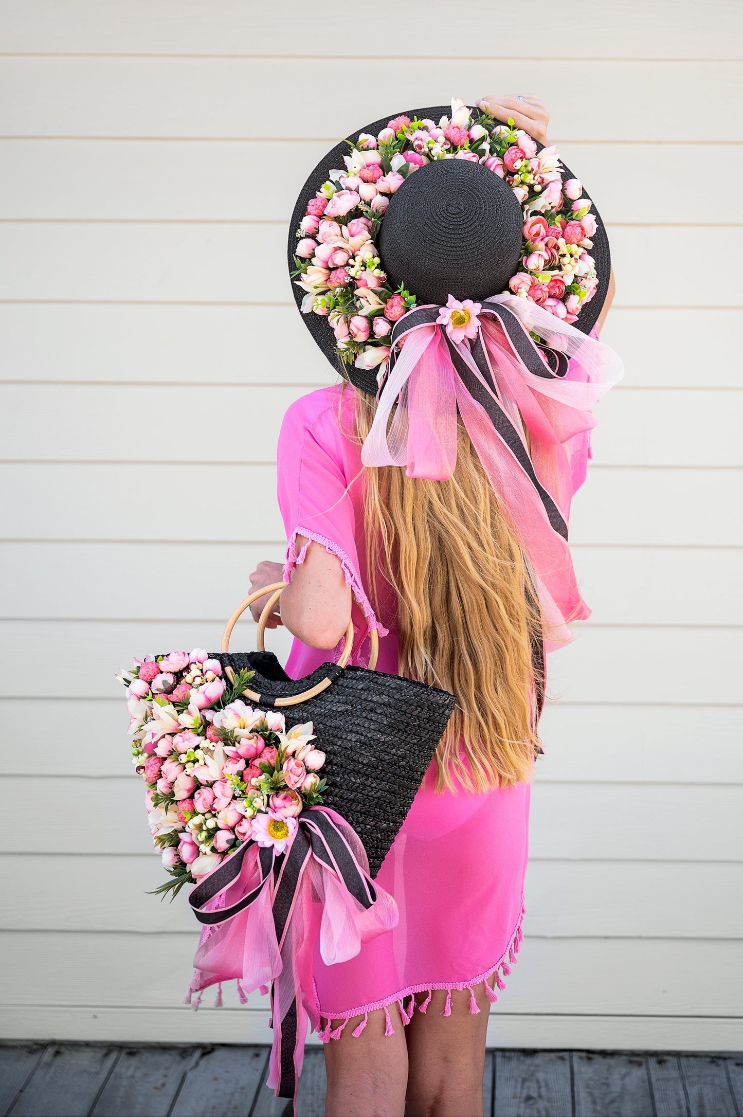 Floral Set Straw Bag and Hat for Bride Style 1