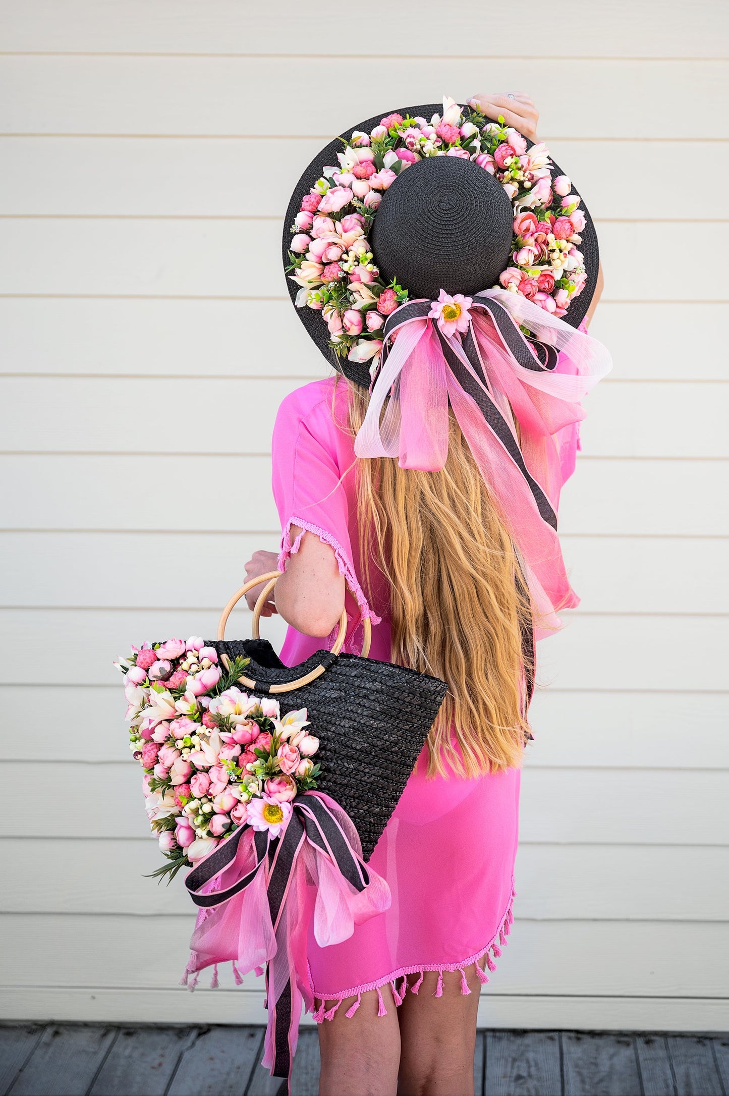 Floral Set Straw Bag and Hat for Bride Style 1