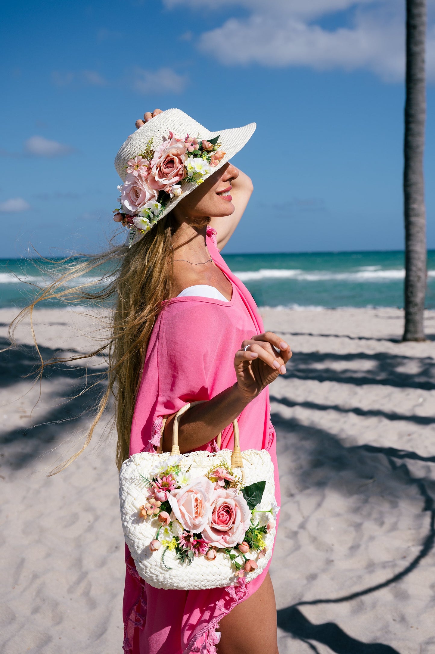 Bride Sun Hat and Straw Bag with Flowers- Small
