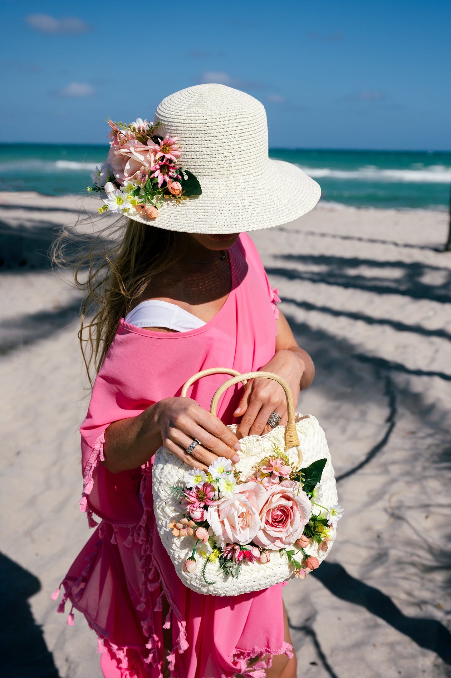 Bride Sun Hat and Straw Bag with Flowers- Small
