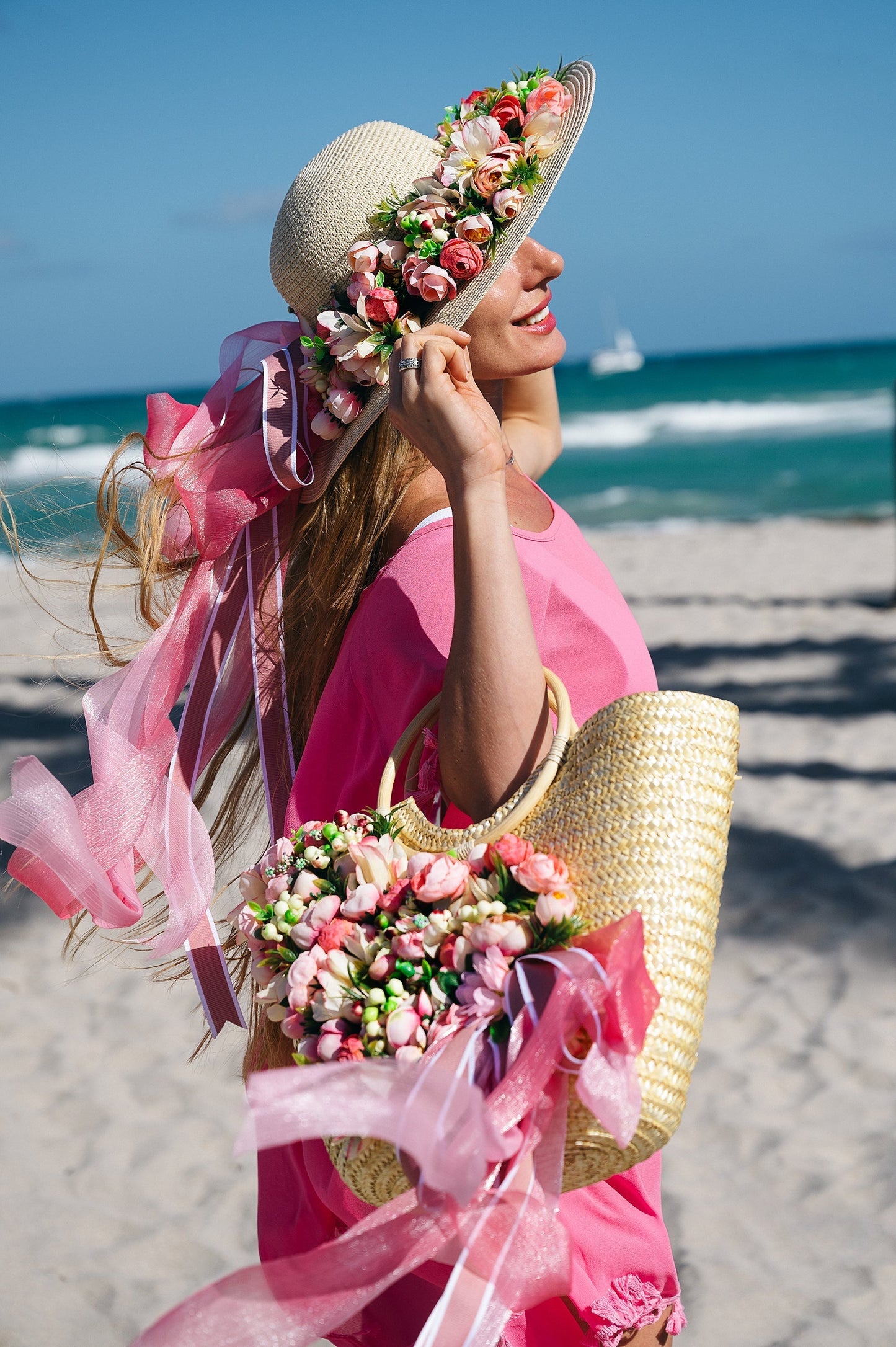 Floral Set Straw Bag and Hat for Bride Style 1