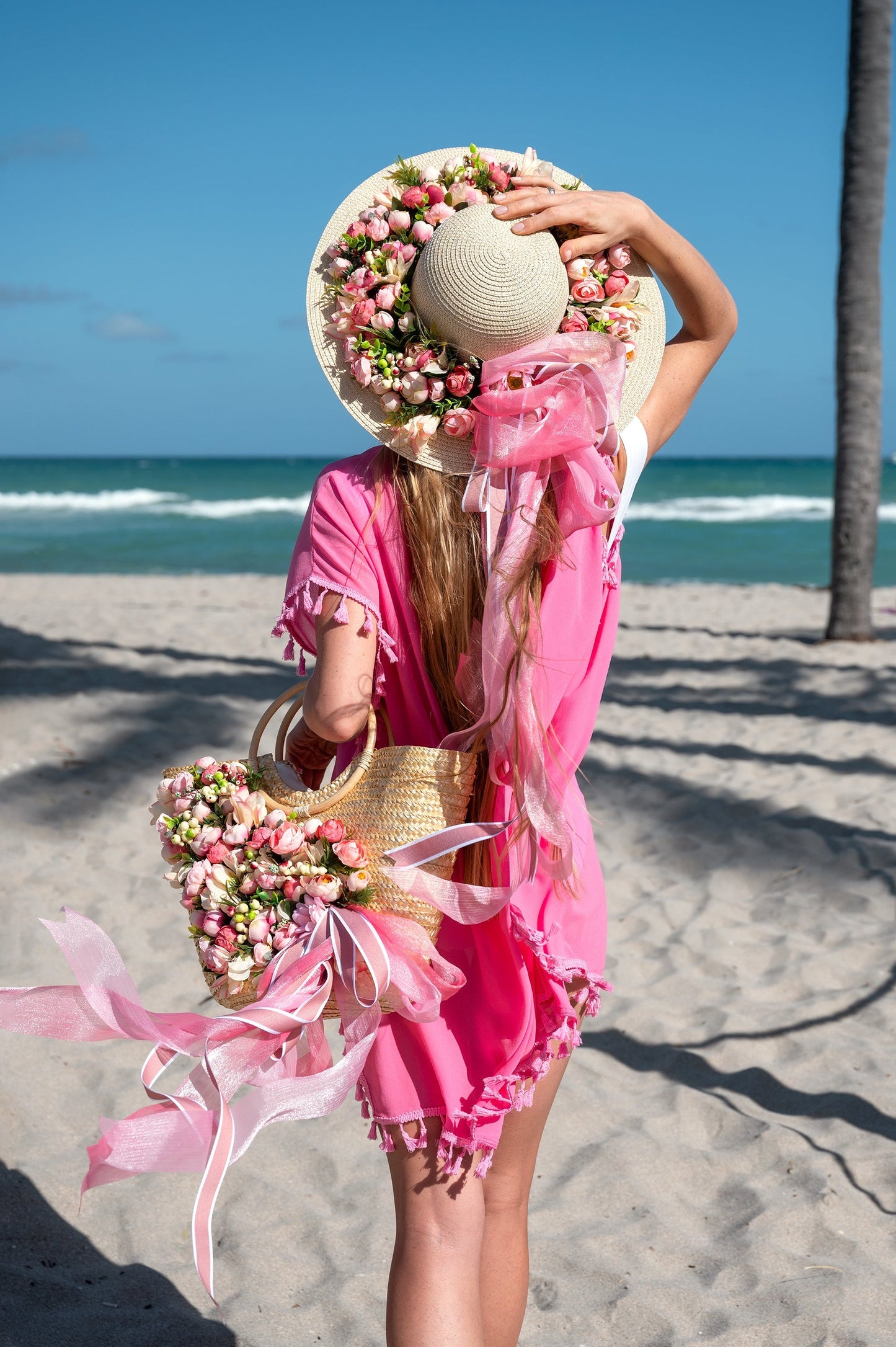 Floral Set Straw Bag and Hat for Bride Style 1