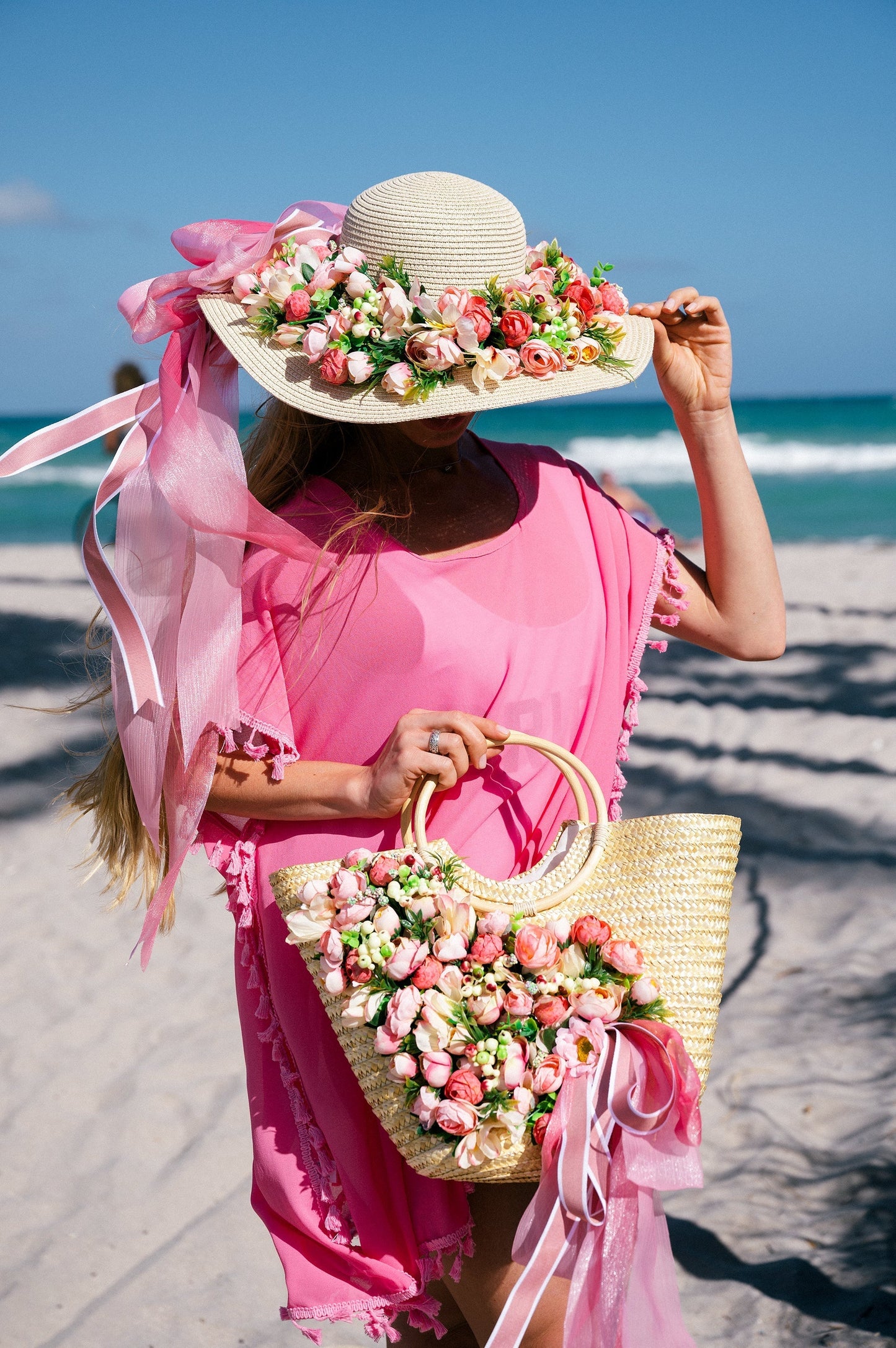 Floral Set Straw Bag and Hat for Bride Style 1