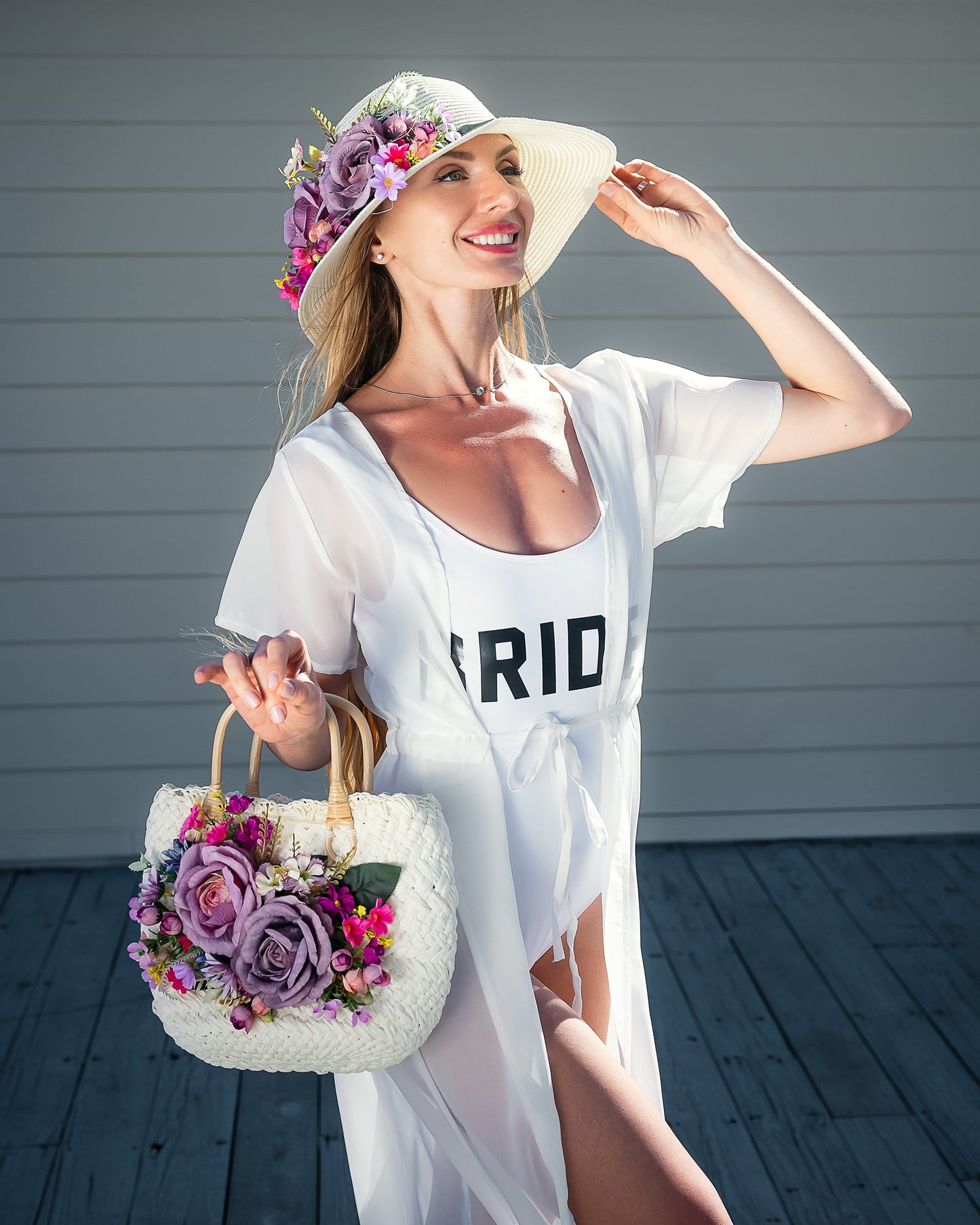 Bride Sun Hat and Straw Bag with Flowers- Small