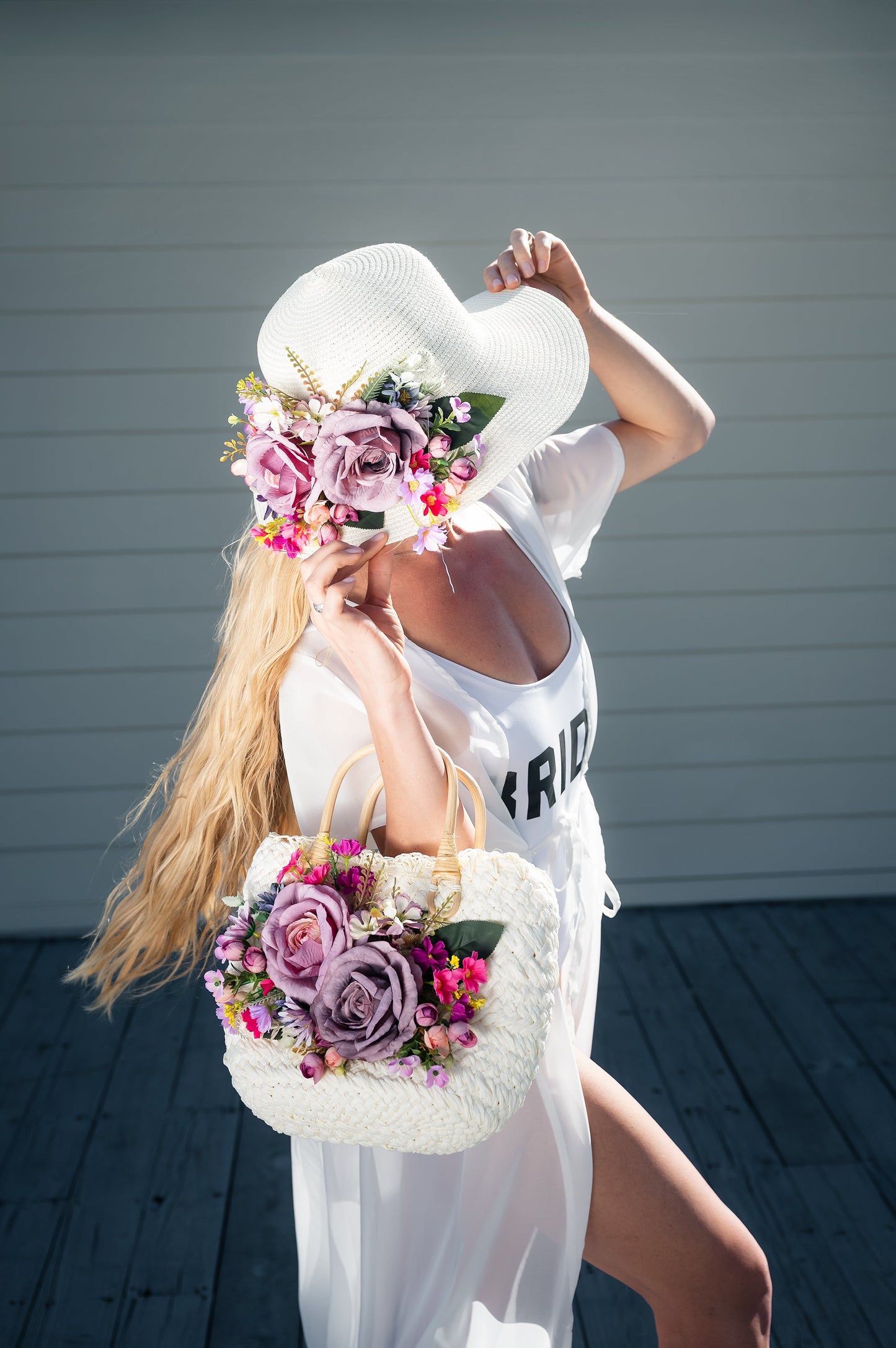 Bride Sun Hat and Straw Bag with Flowers- Small