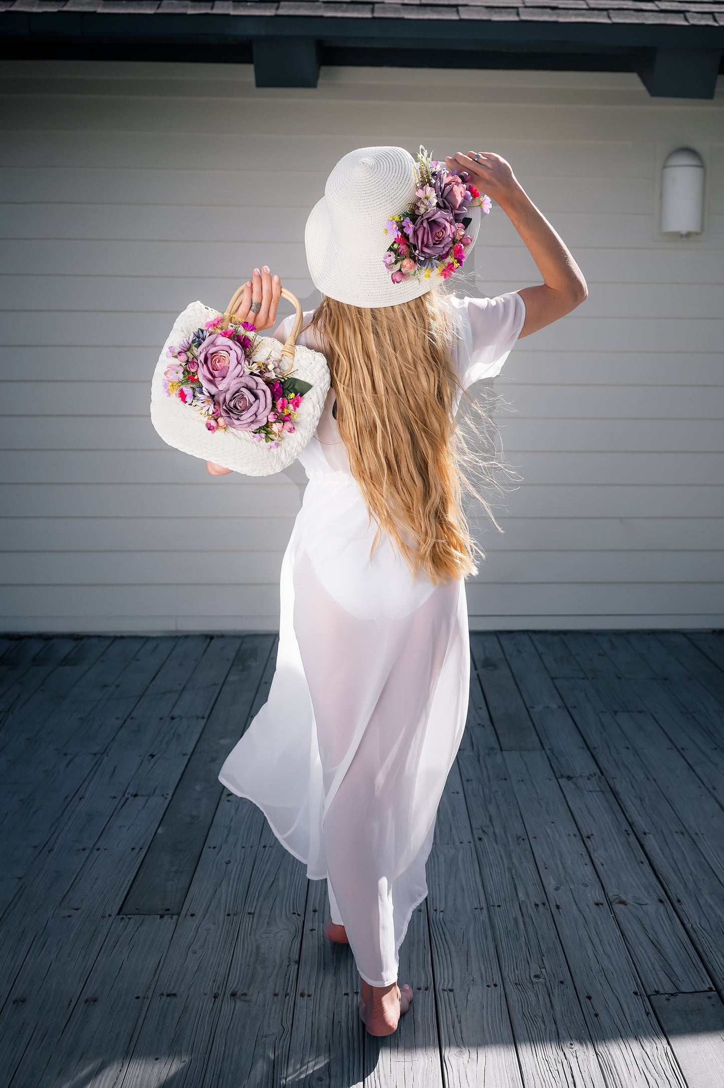 Bride Sun Hat and Straw Bag with Flowers- Small
