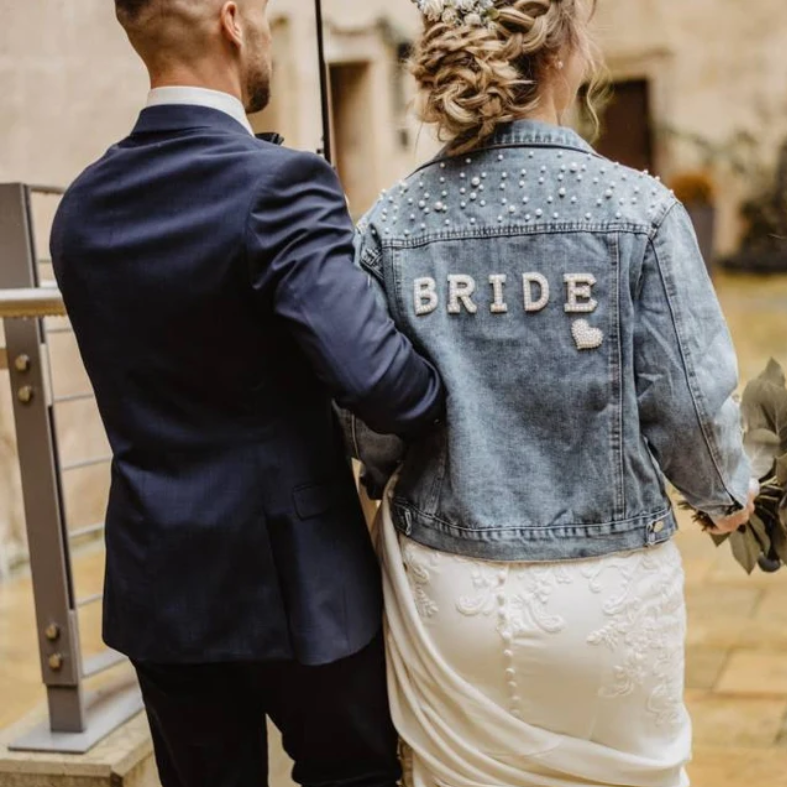 Wedding Bride Denim Jacket with Pearls Letters