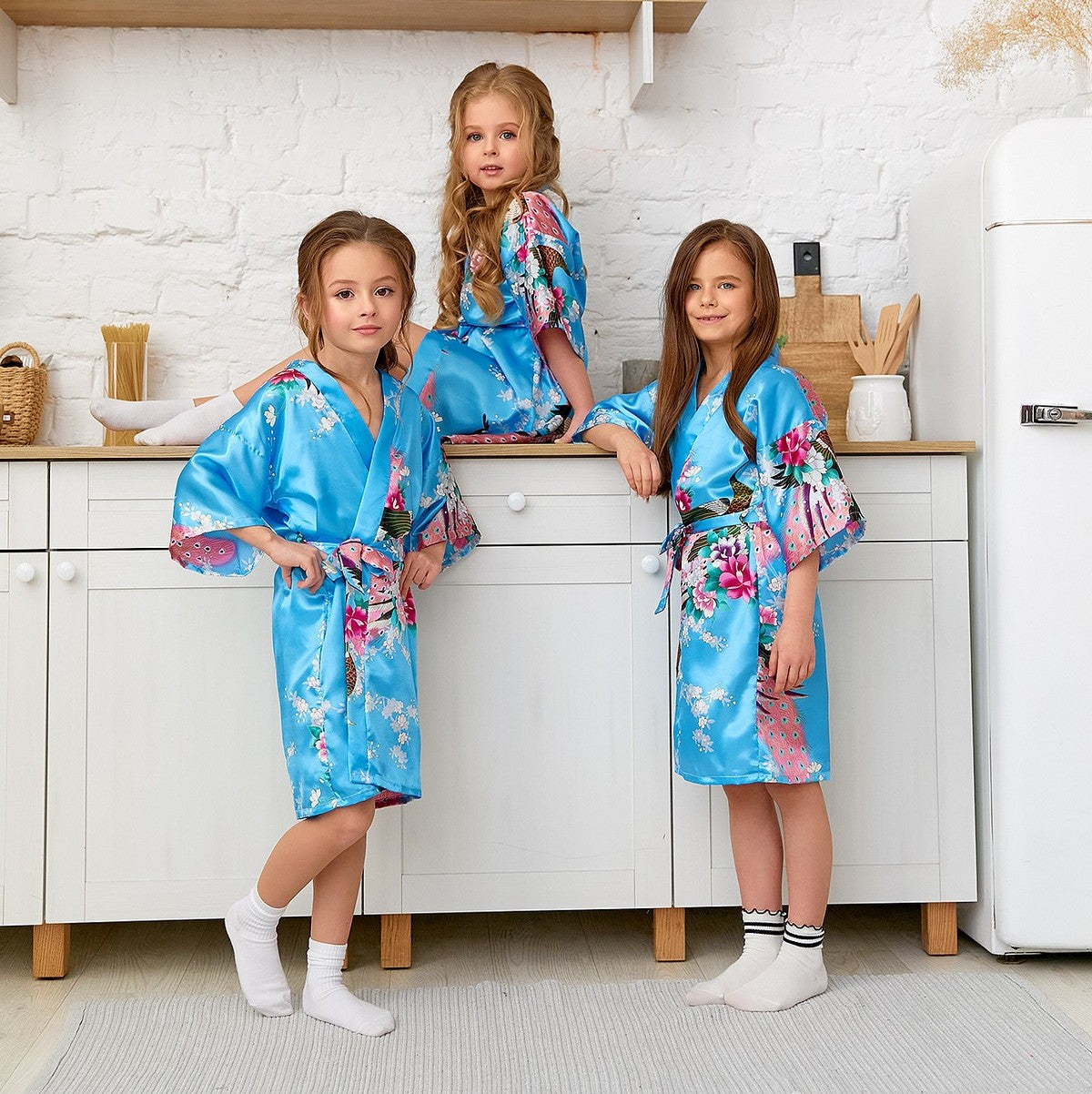Set of 15 Kids Floral Peacock Satin Robes