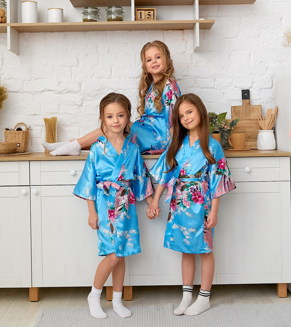 Set of 15 Kids Floral Peacock Satin Robes