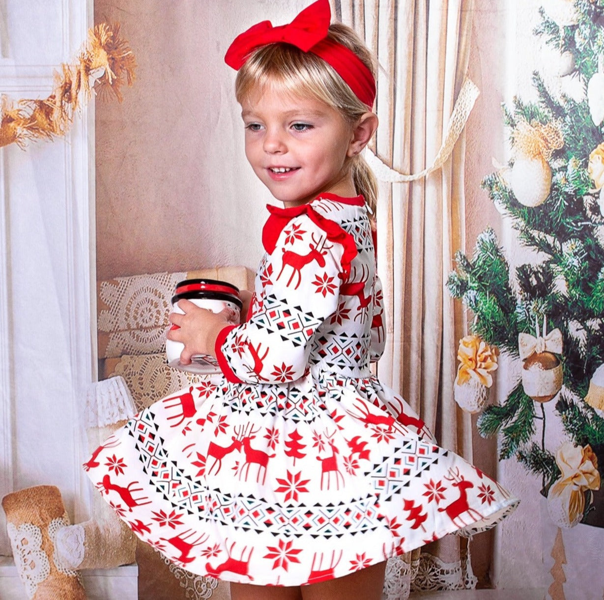Red Ruffle Christmas Dress with reindeer Red Ruffle Christmas Dress with reindeer