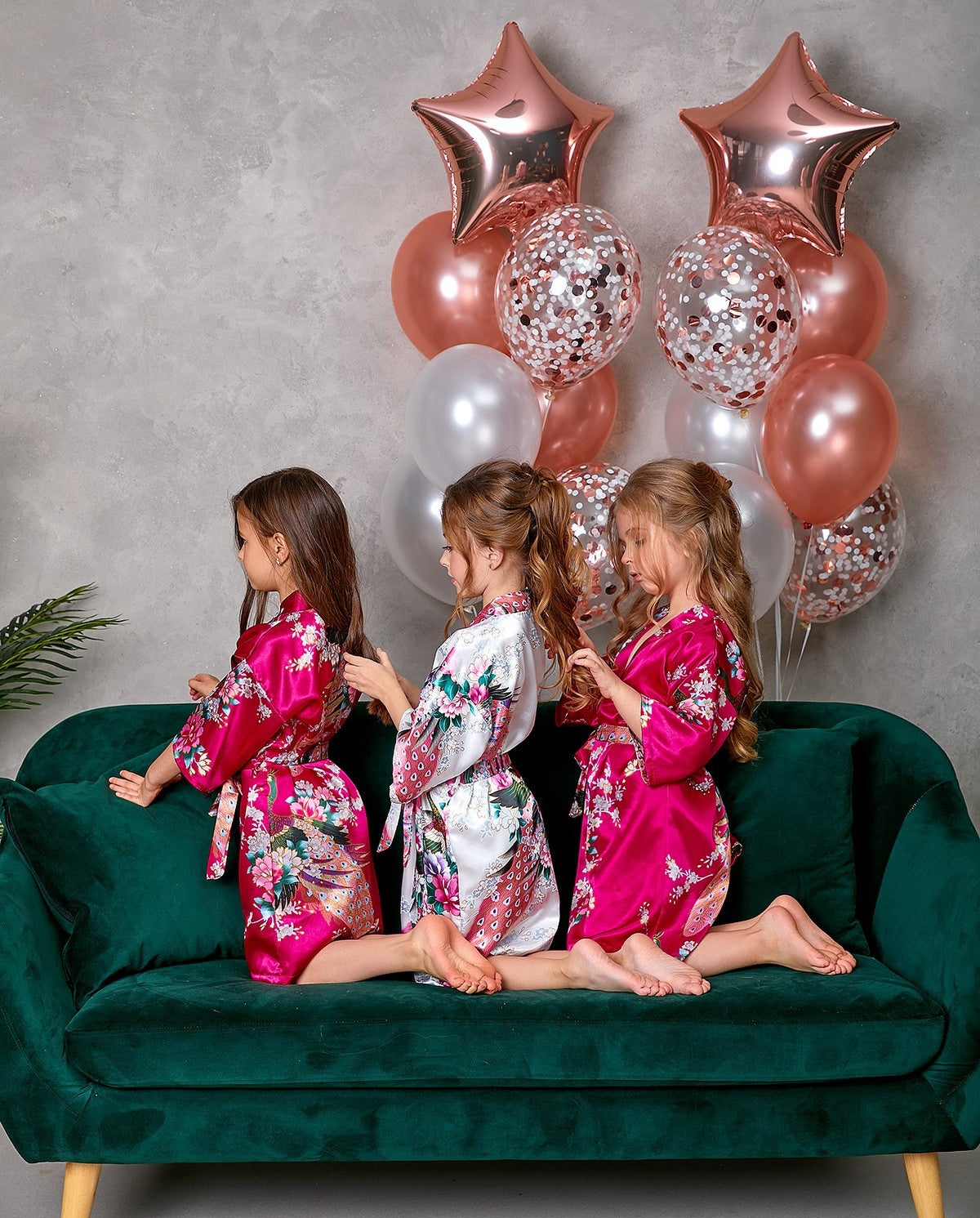 Set of 15 Kids Floral Peacock Satin Robes