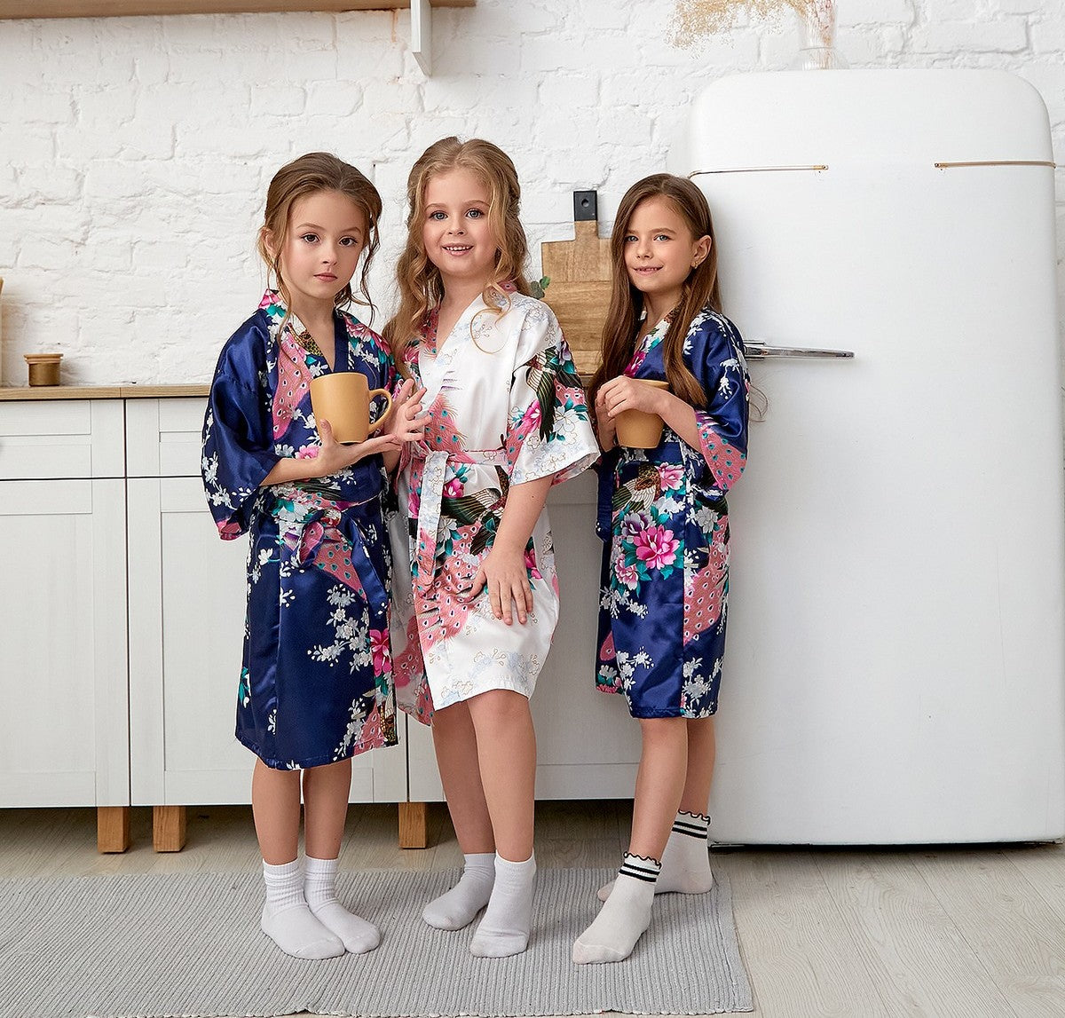 Set of 15 Kids Floral Peacock Satin Robes