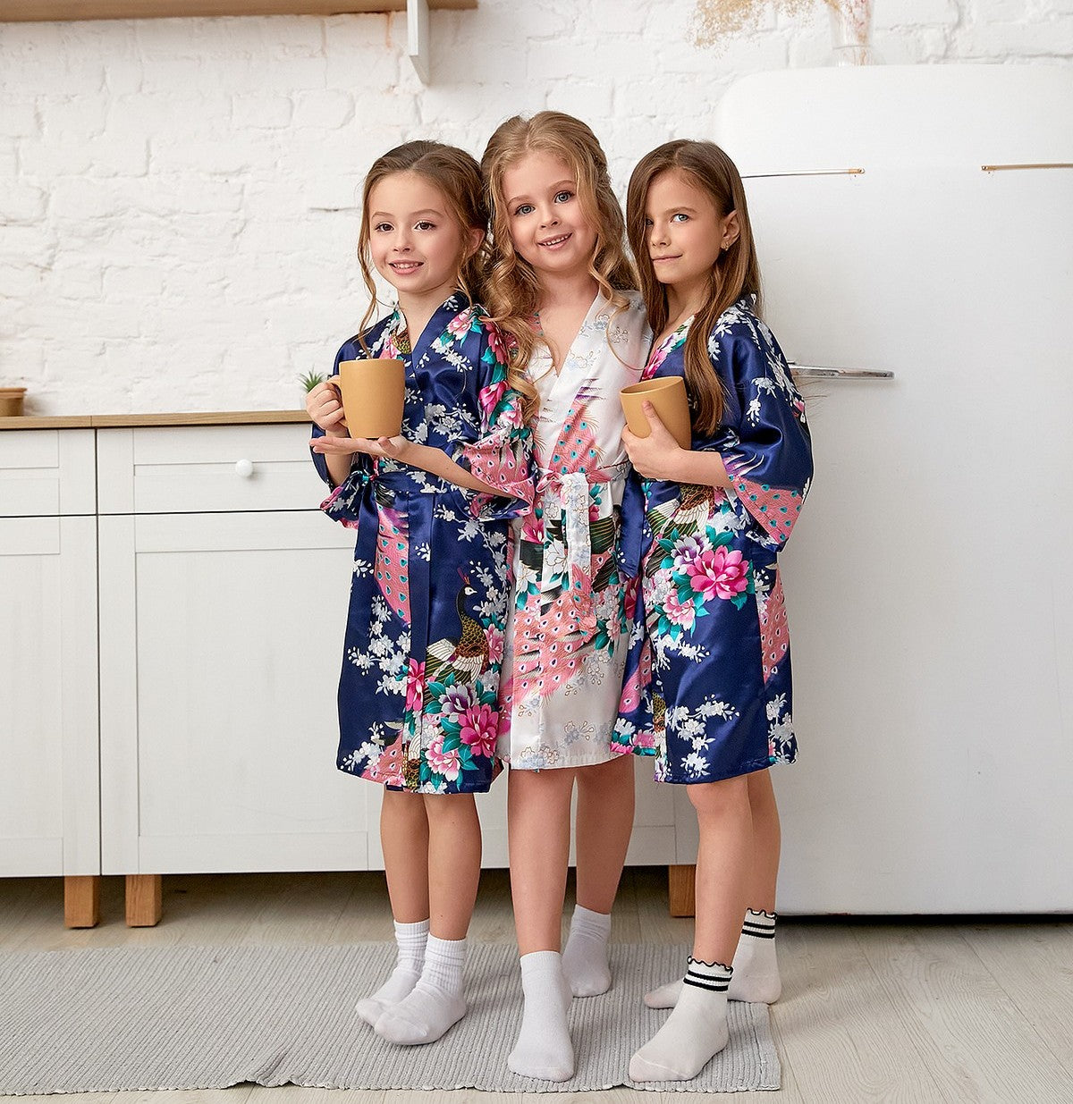 Set of 15 Kids Floral Peacock Satin Robes