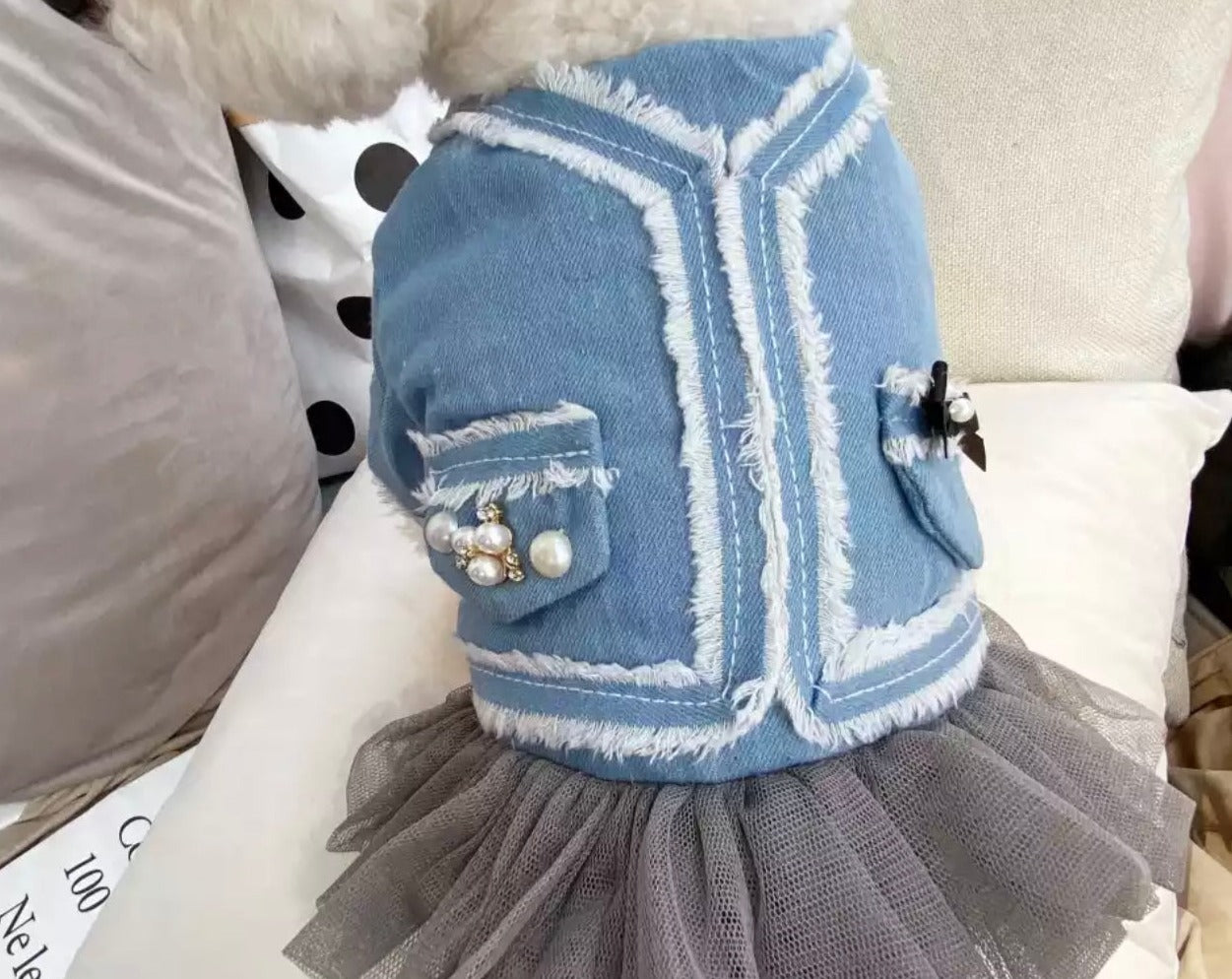 Custom Denim Pearl Jacket For Small Dogs