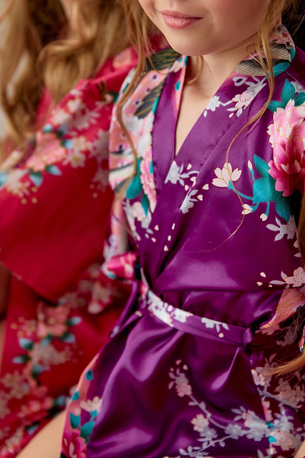 Set of 15 Kids Floral Peacock Satin Robes