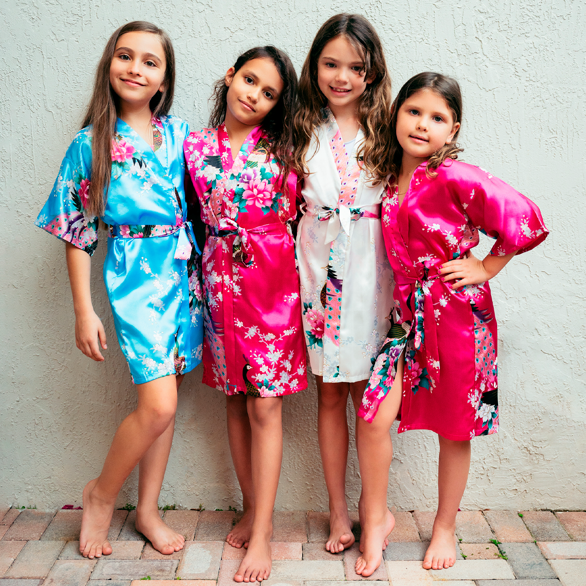 Set of 13 Kids Floral Peacock Satin Robes