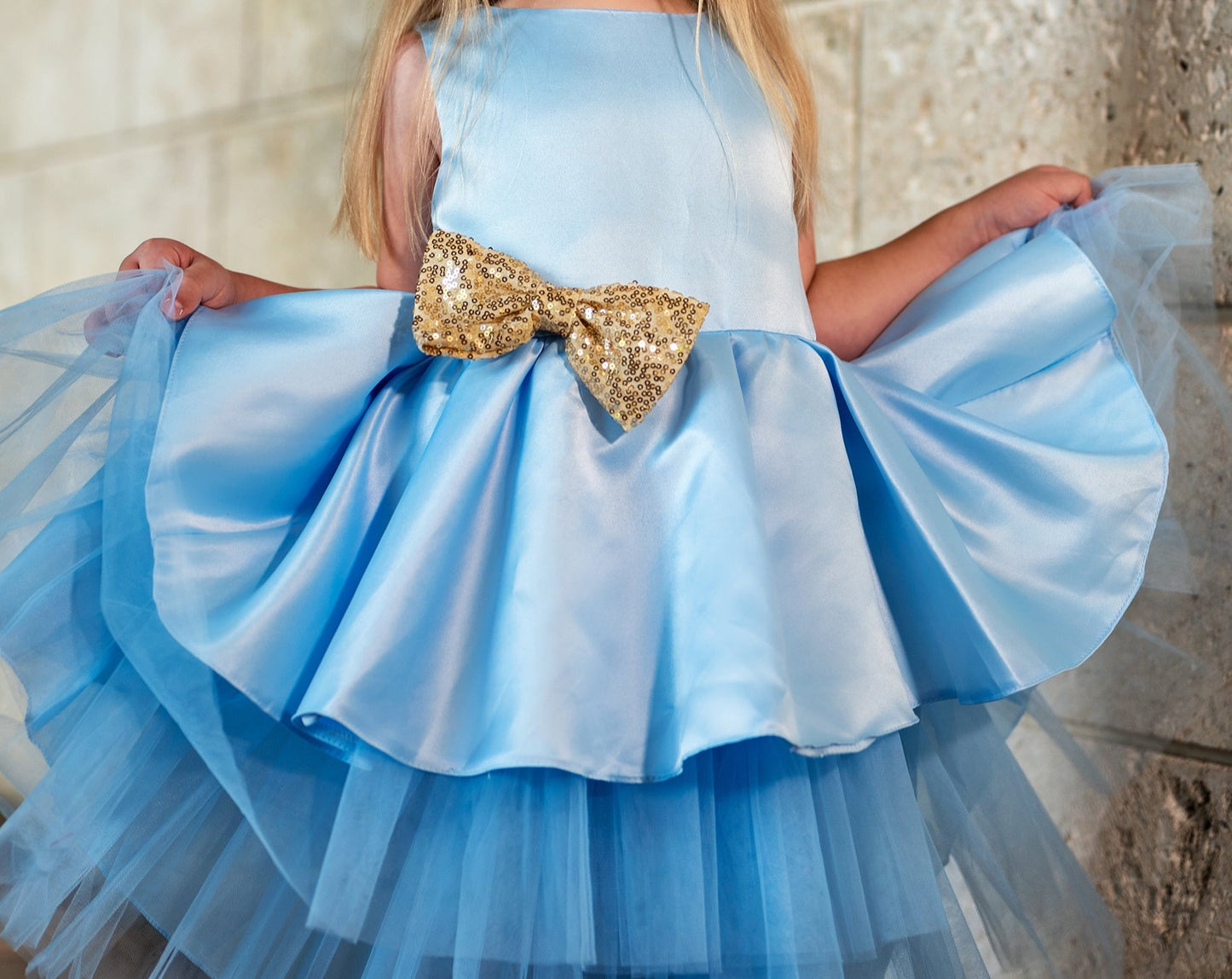 SAMPLE SALE! Flower Girls Short Satin Tutu Dress Gold Sequin Bow