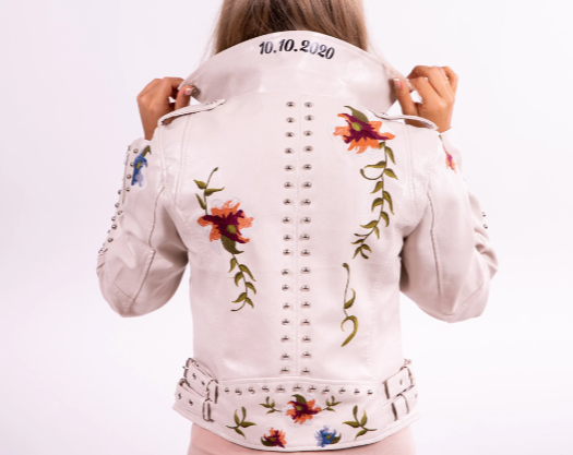 Bridal Faux Leather Jacket with Flowers - Custom jackets