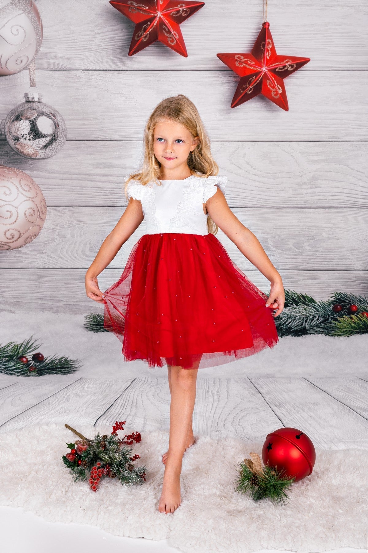 Christmas Girl Tutu Dress With Pearls - Kids clothes