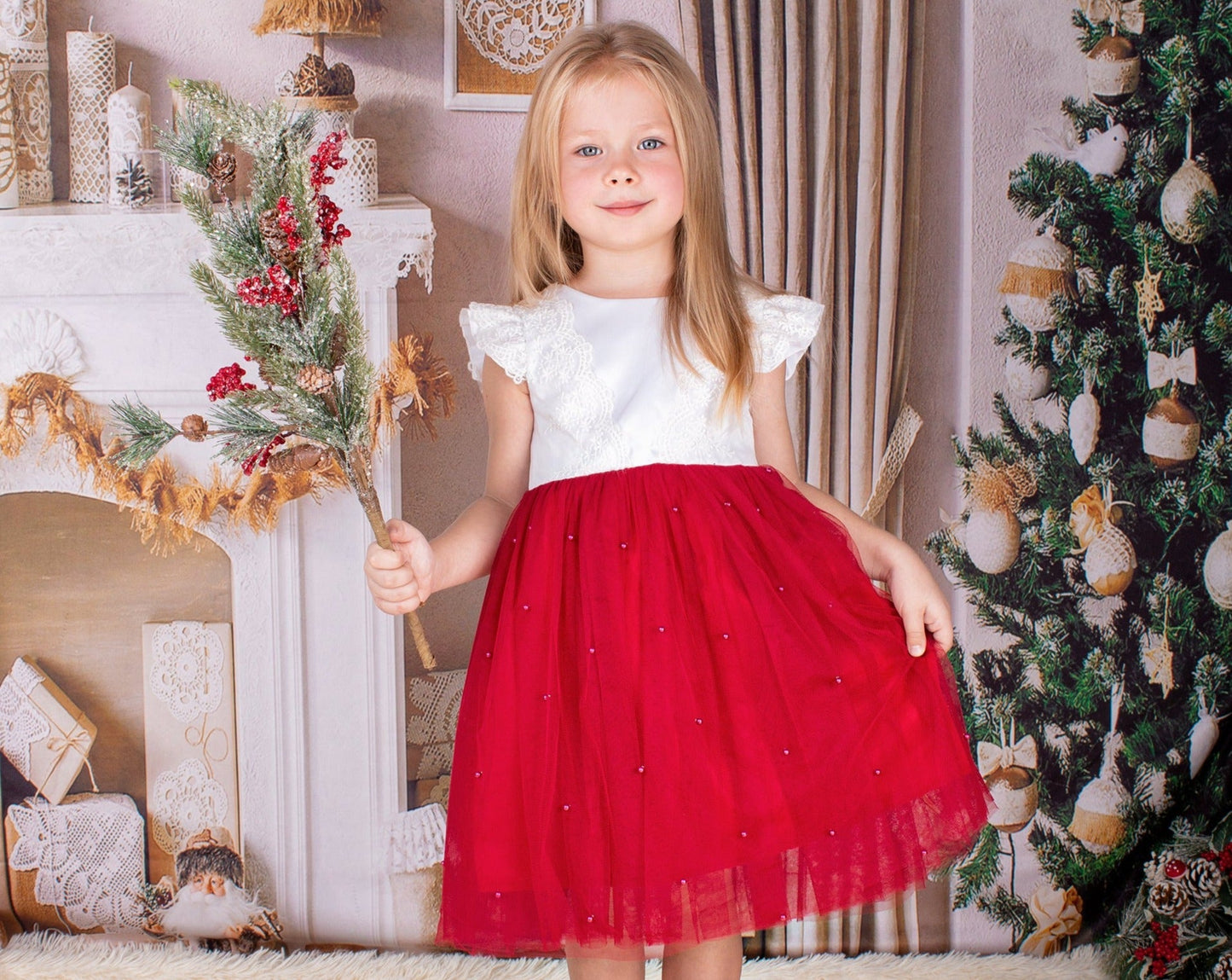 Christmas Girl Tutu Dress With Pearls - Kids clothes