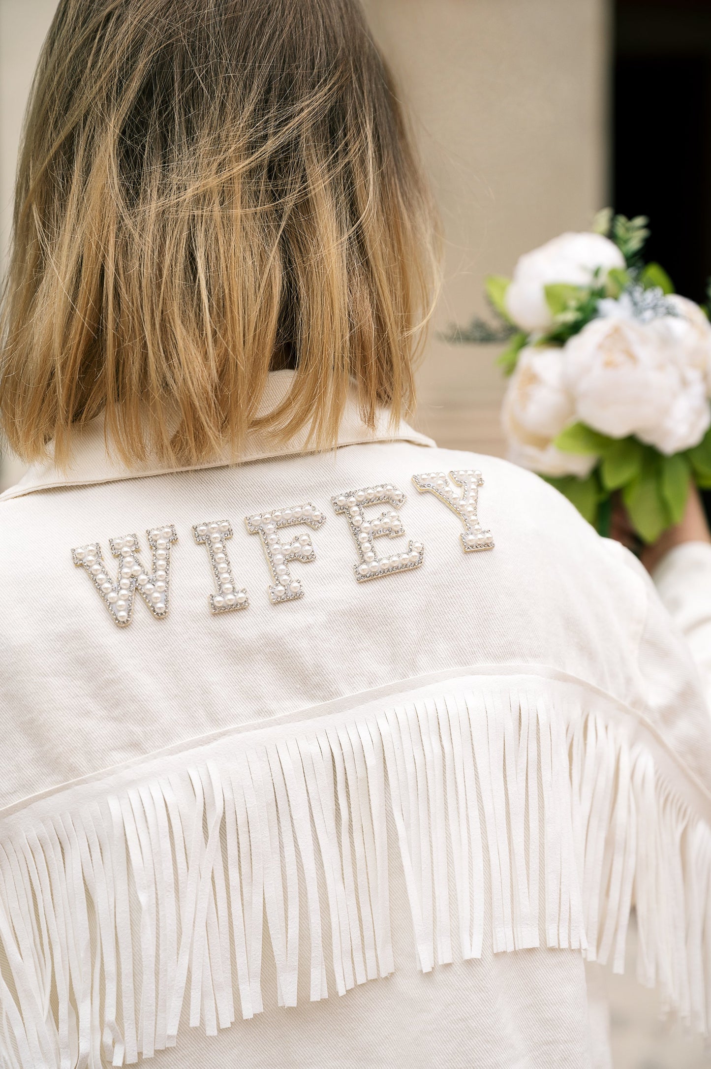 Custom White Bridal Jacket with Fringes - pearls - Custom