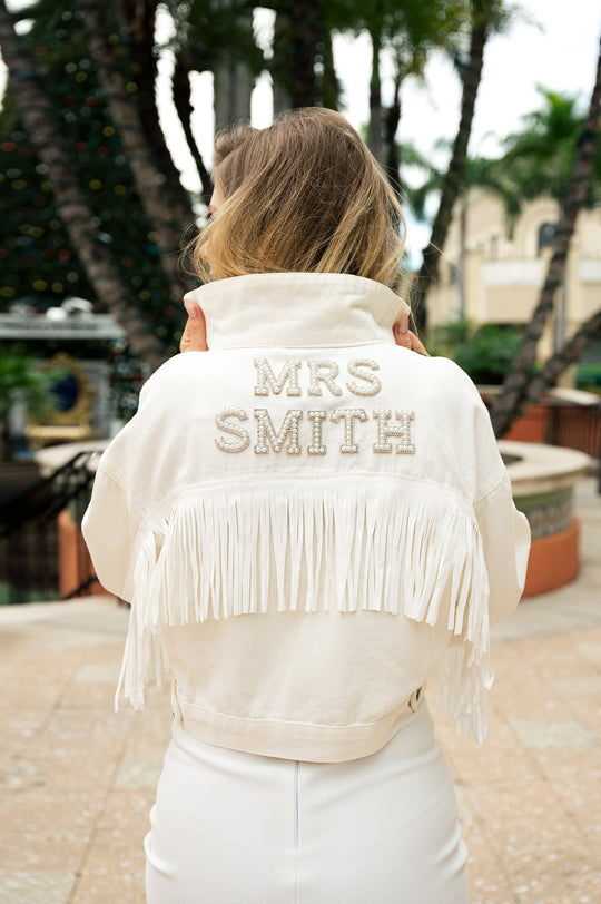 Custom White Bridal Jacket with Fringes - pearls - Custom