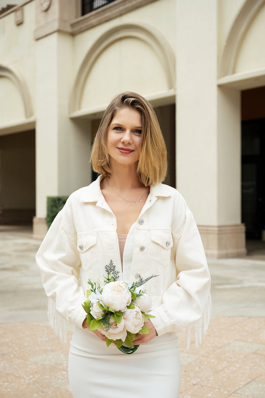 Custom White Bridal Jacket with Fringes - pearls - Custom