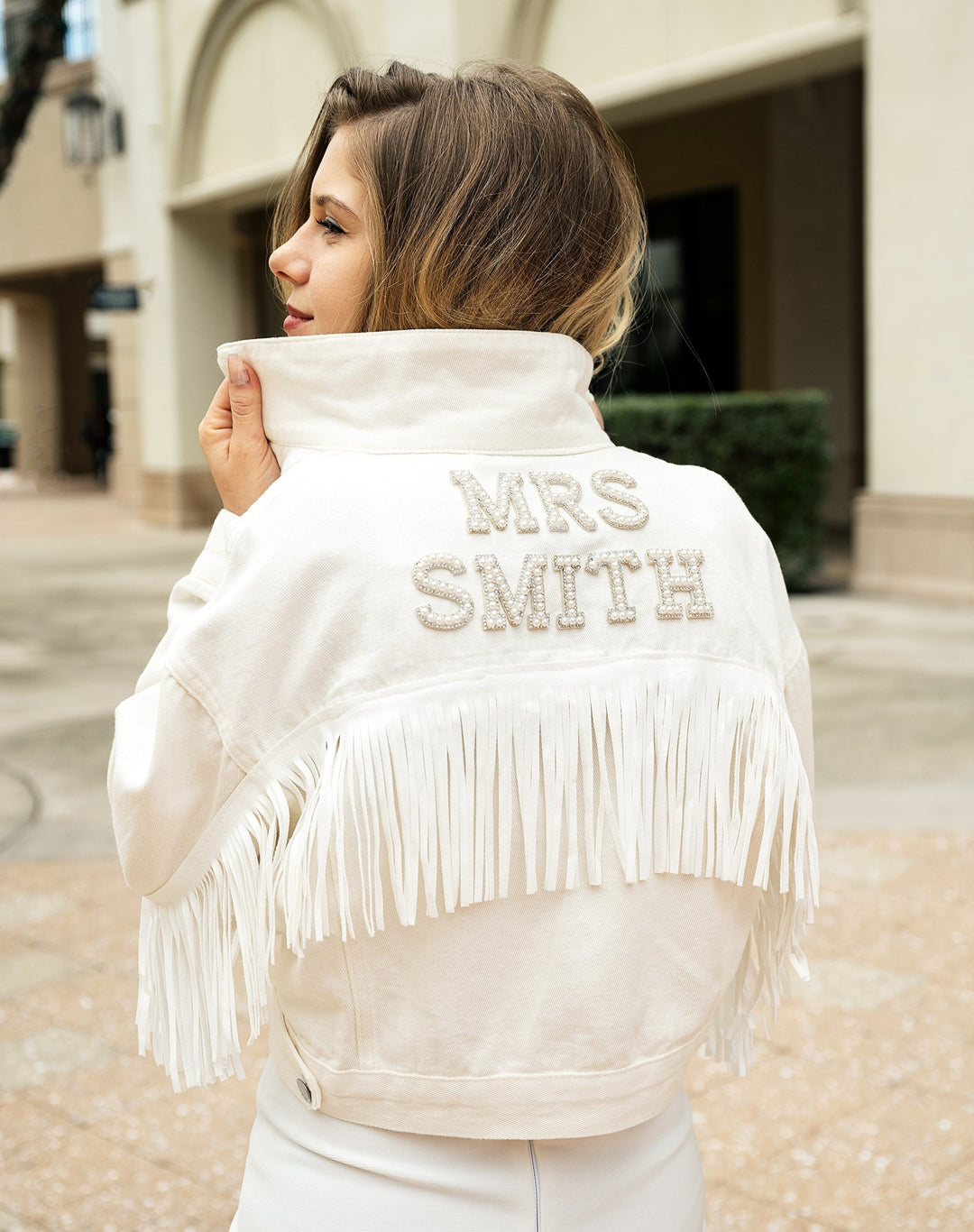 Custom White Bridal Jacket with Fringes - pearls - Custom