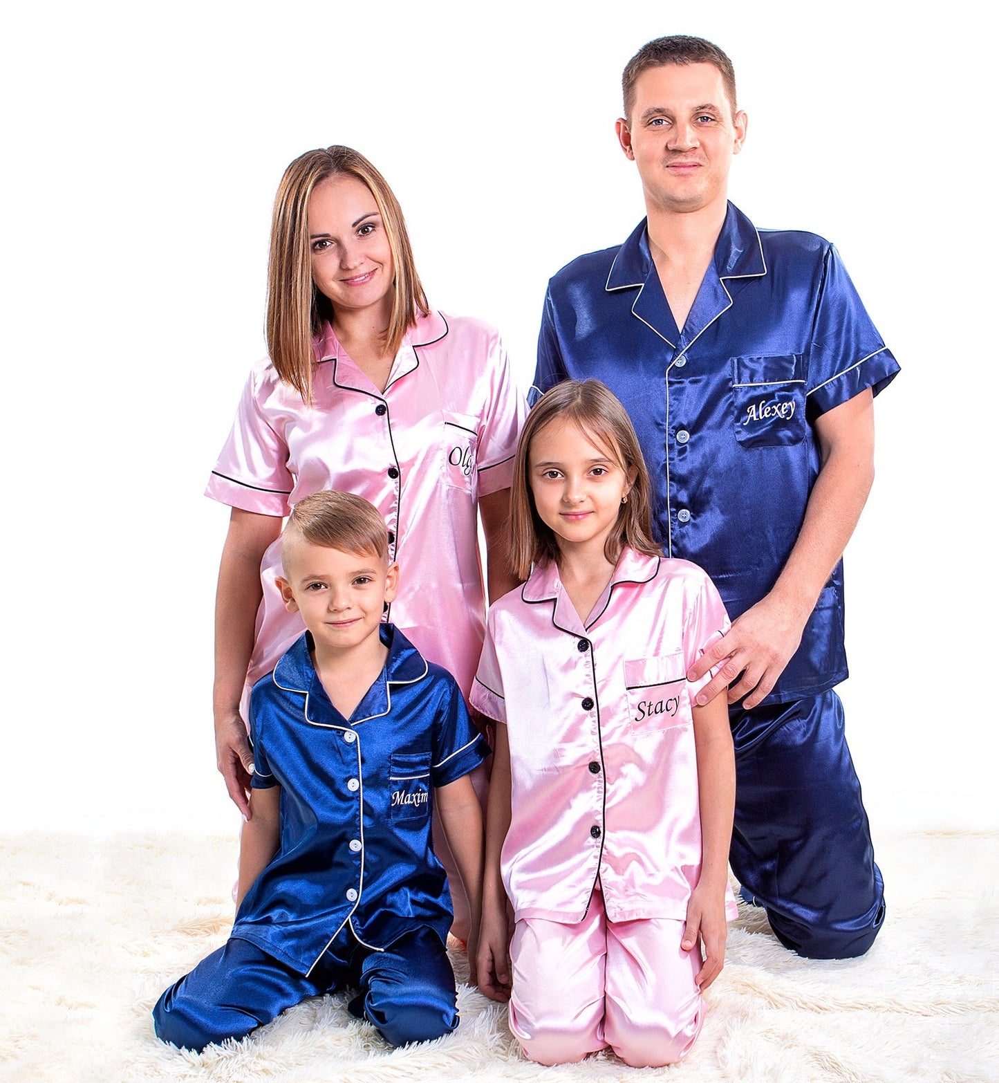 Family Matching Satin Pajama Sets Short Sleeves + Pants