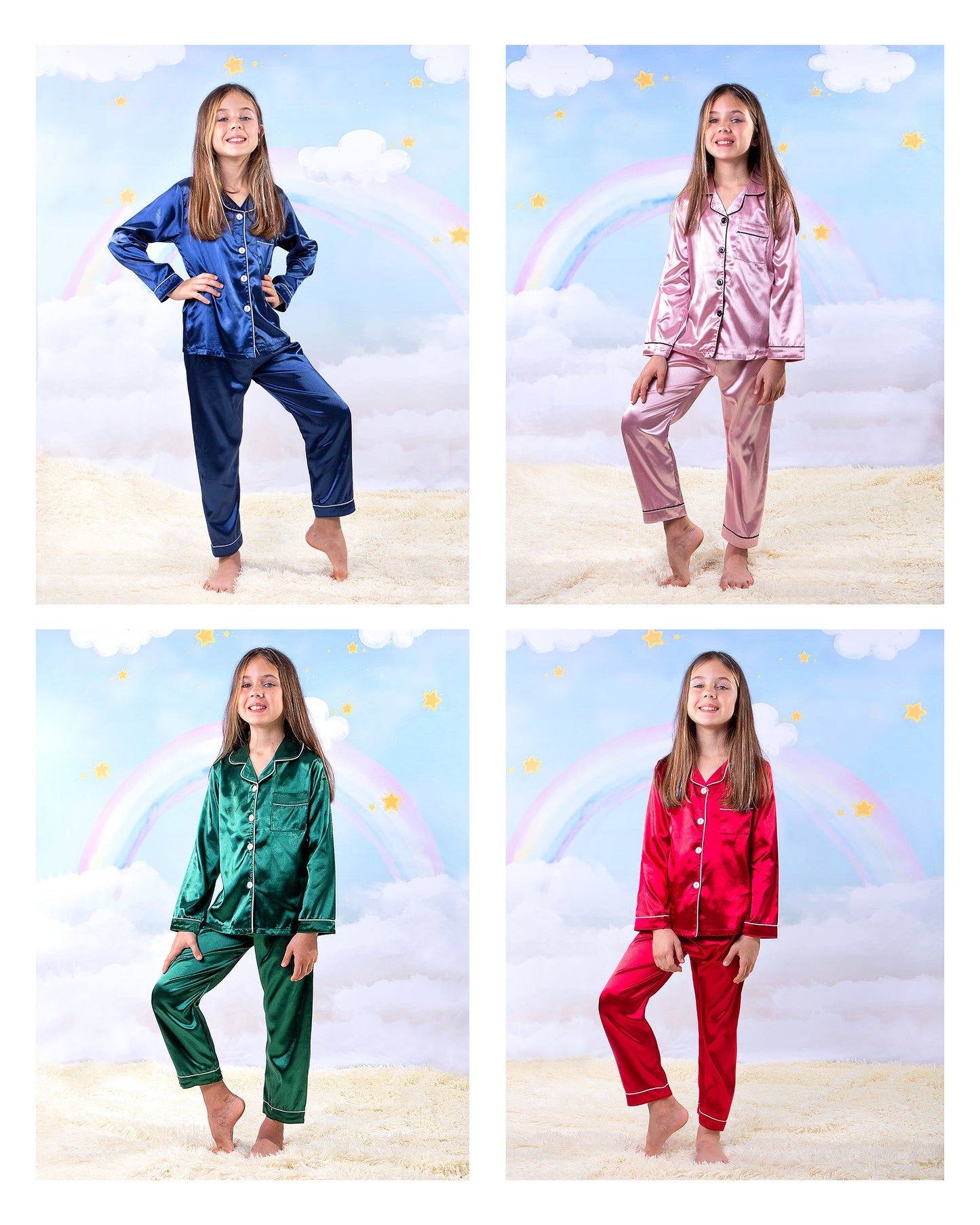 Kids Unisex Satin Customized Pajama Sets Long Sleeves +