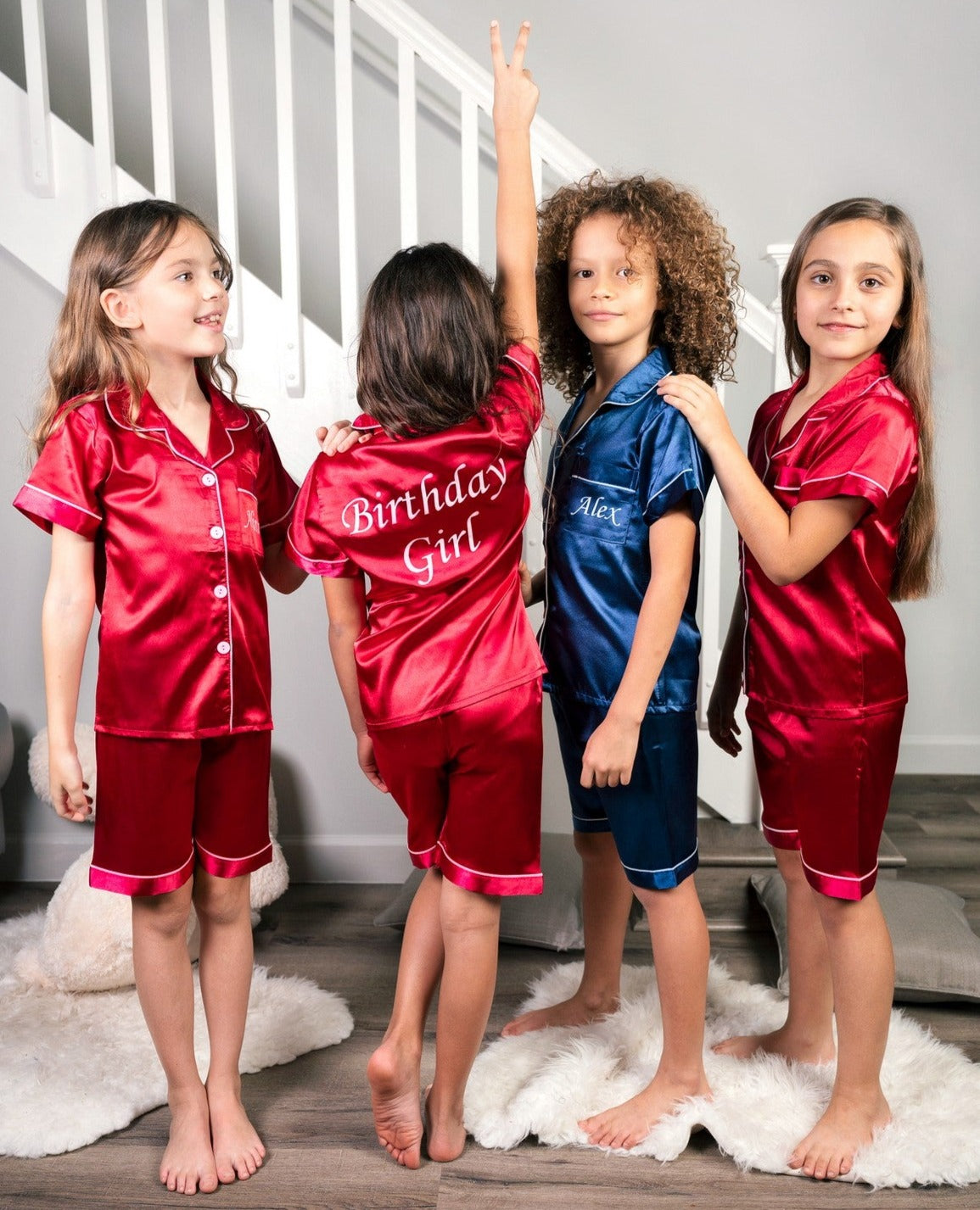 Kids Unisex Satin Customized Pajama Sets Short Sleeves + Shorts