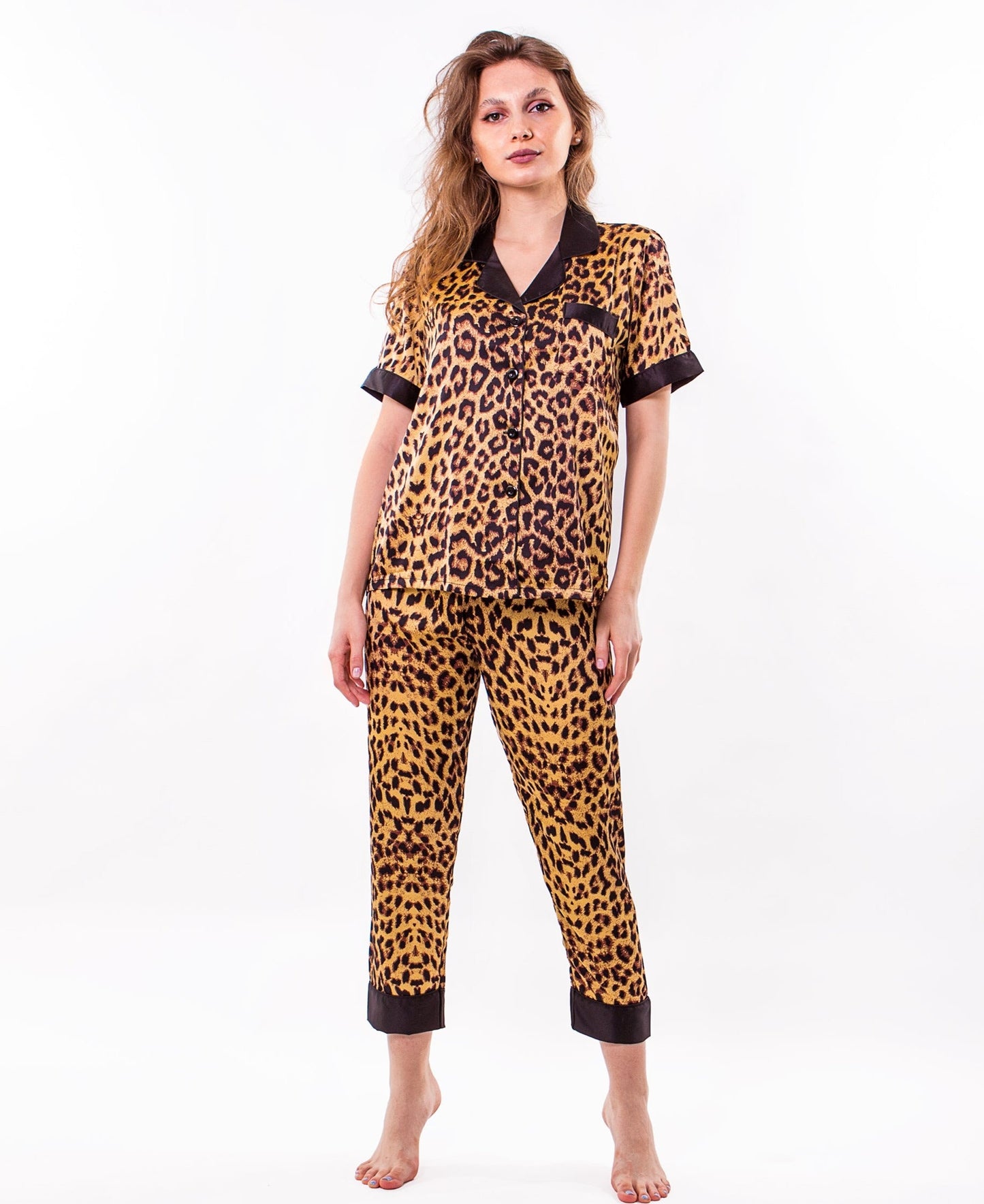 Leopard Print Satin Pajama Set - women’s pajama